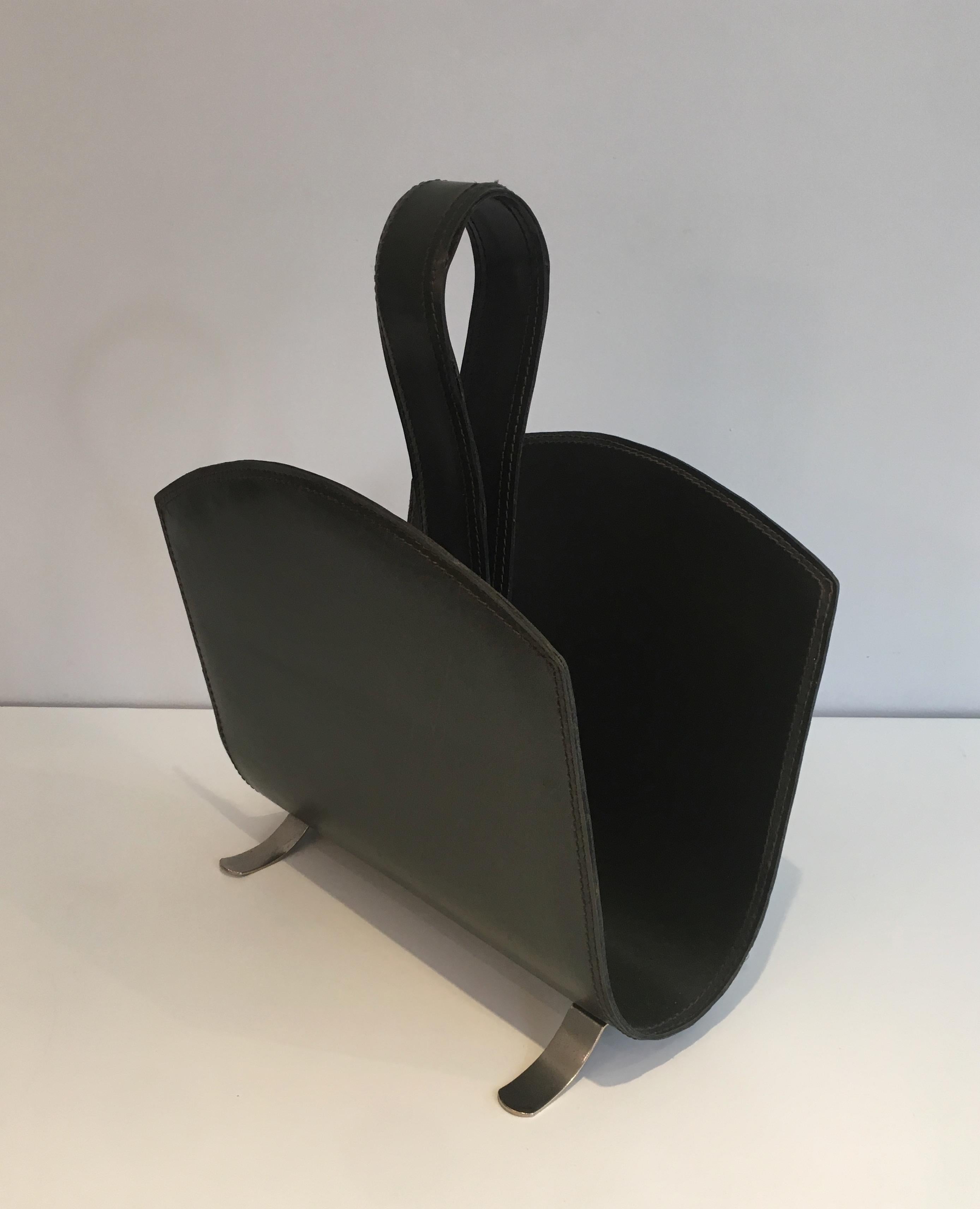 Leather Magazine Rack on a Brushed Steel Base, French, circa 1950 7