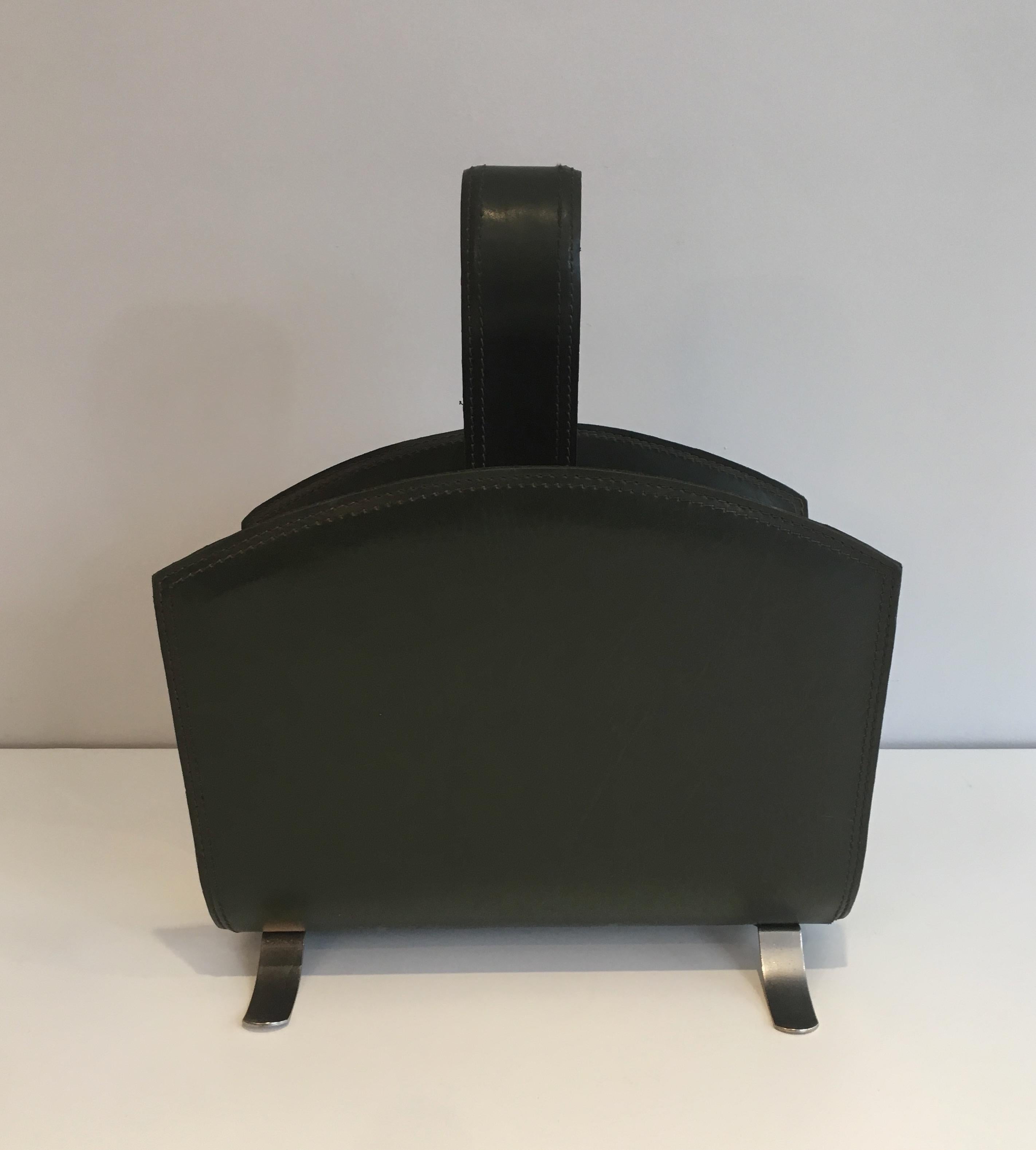 Leather Magazine Rack on a Brushed Steel Base, French, circa 1950 8