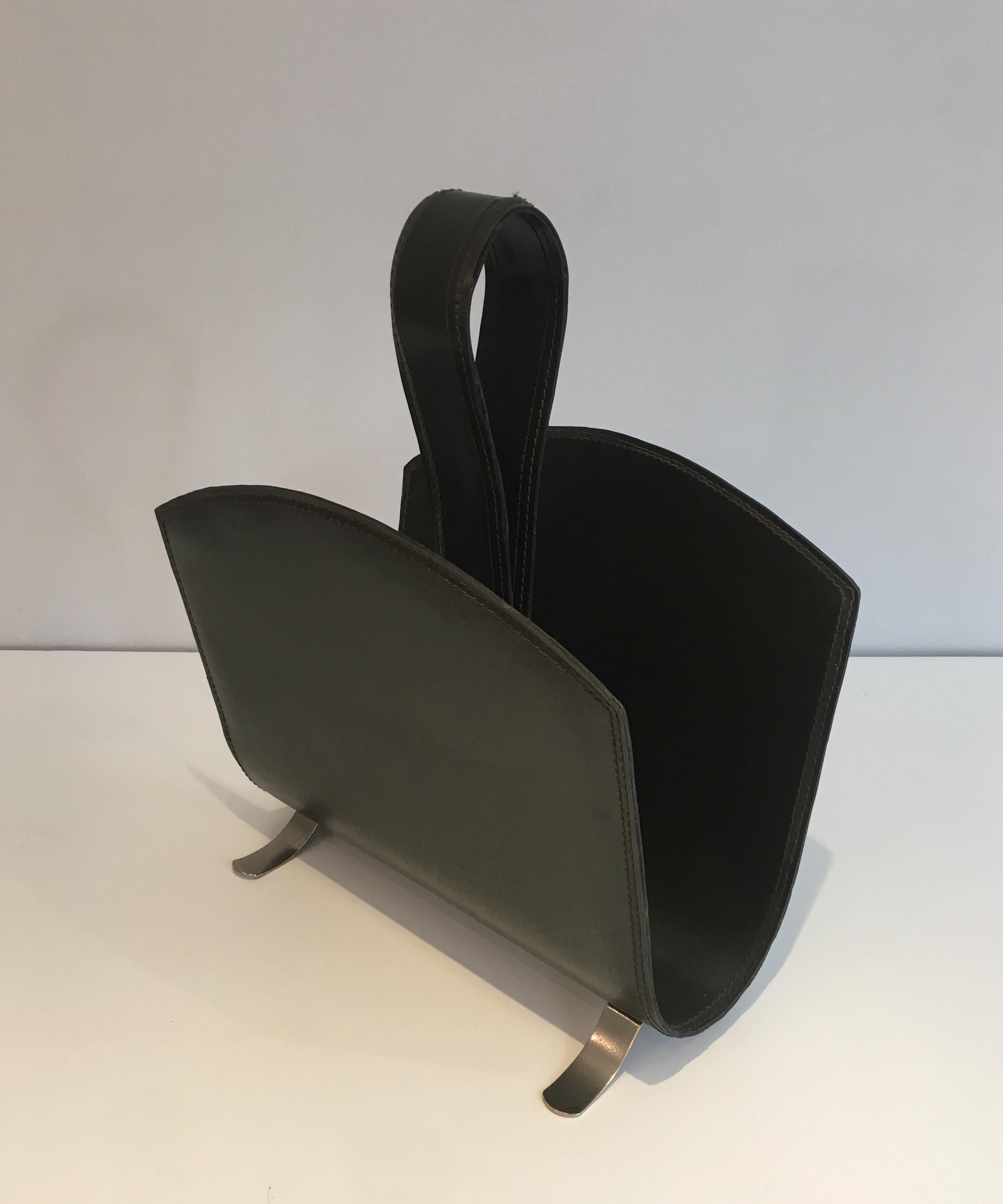 Leather Magazine Rack on a Brushed Steel Base, French, circa 1950 9