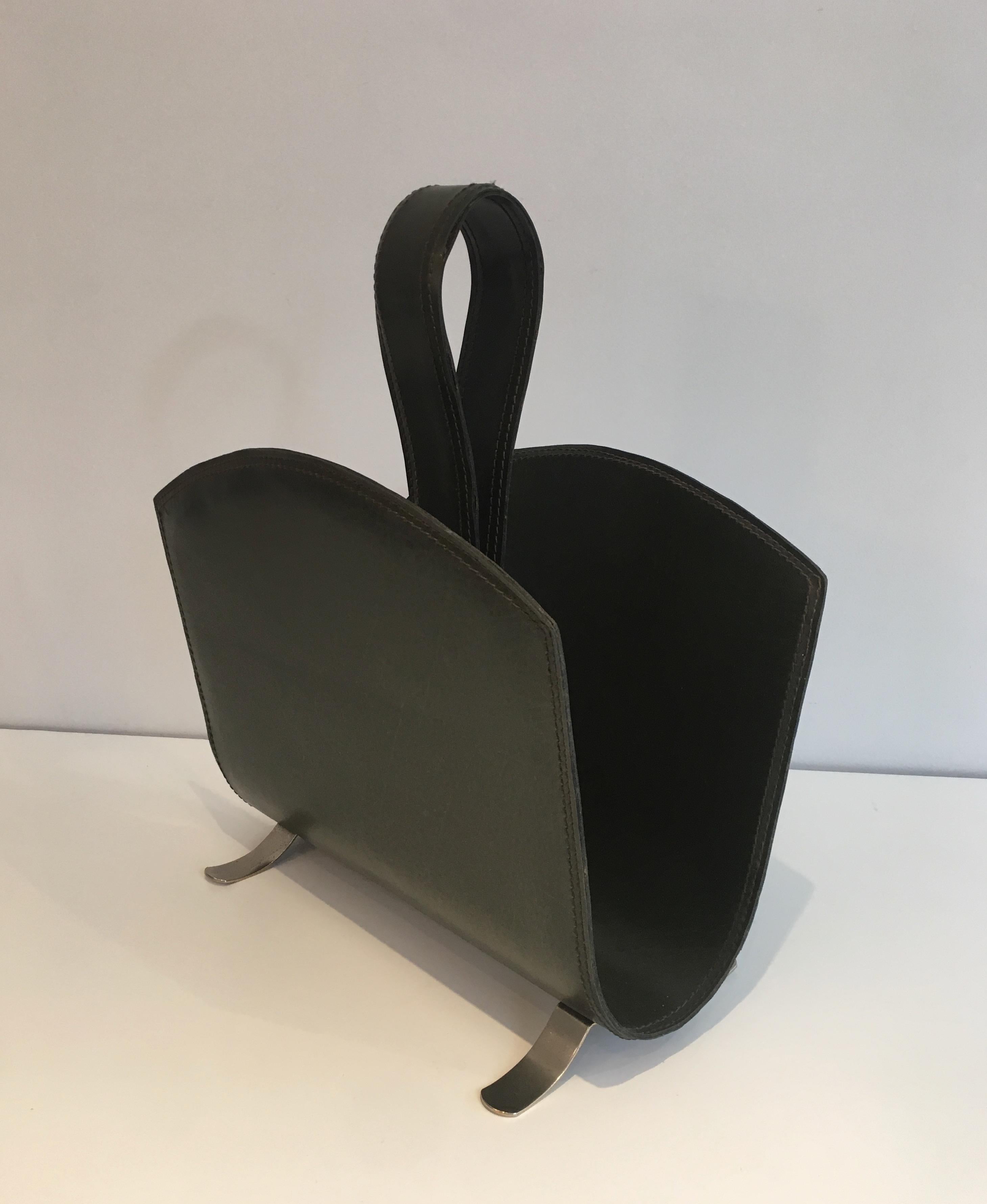 Leather Magazine Rack on a Brushed Steel Base, French, circa 1950 10