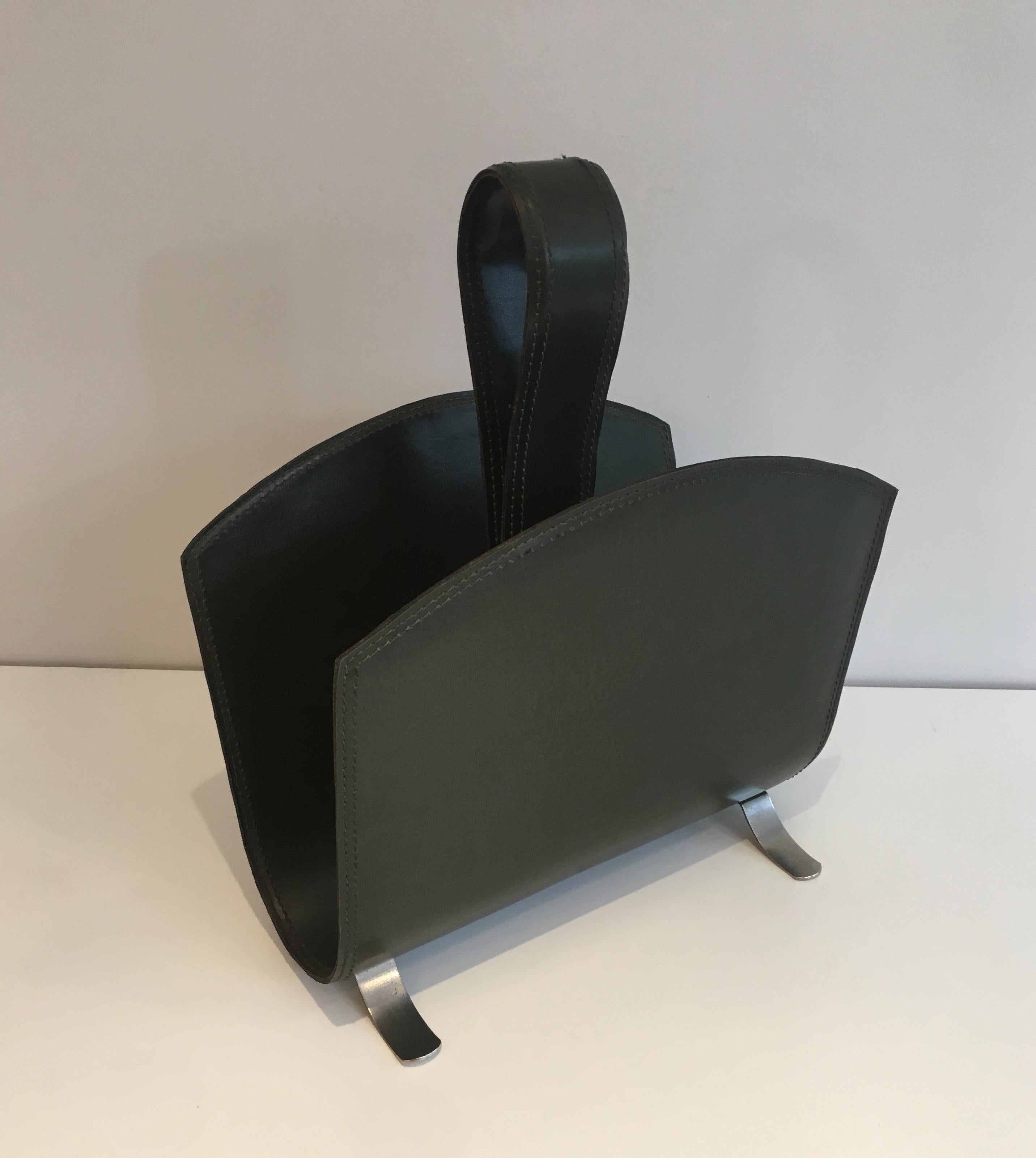 Leather Magazine Rack on a Brushed Steel Base, French, circa 1950 4