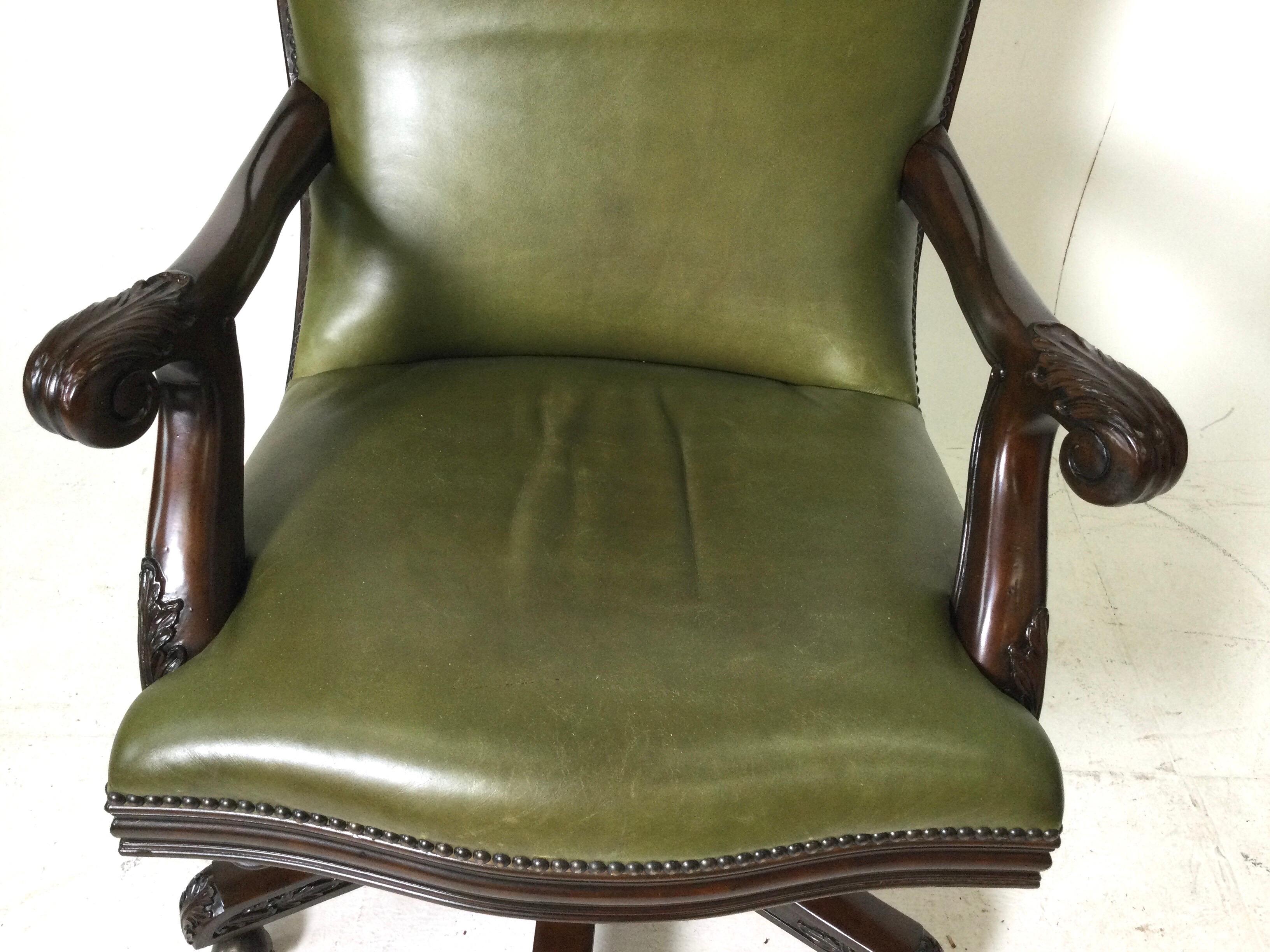 Edwardian Leather Maitland Smith Carved Swivel Desk Chair