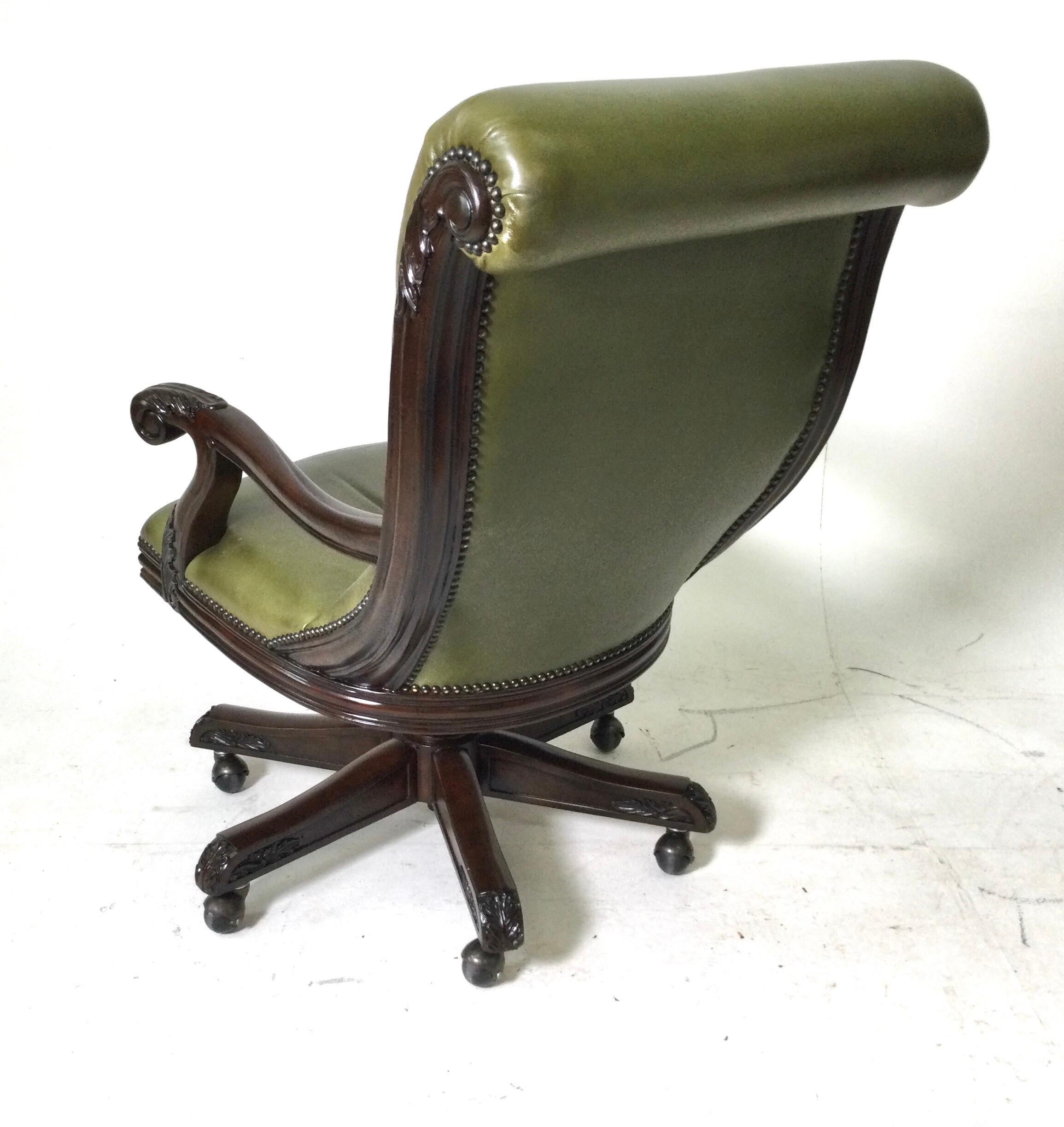 Asian Leather Maitland Smith Carved Swivel Desk Chair