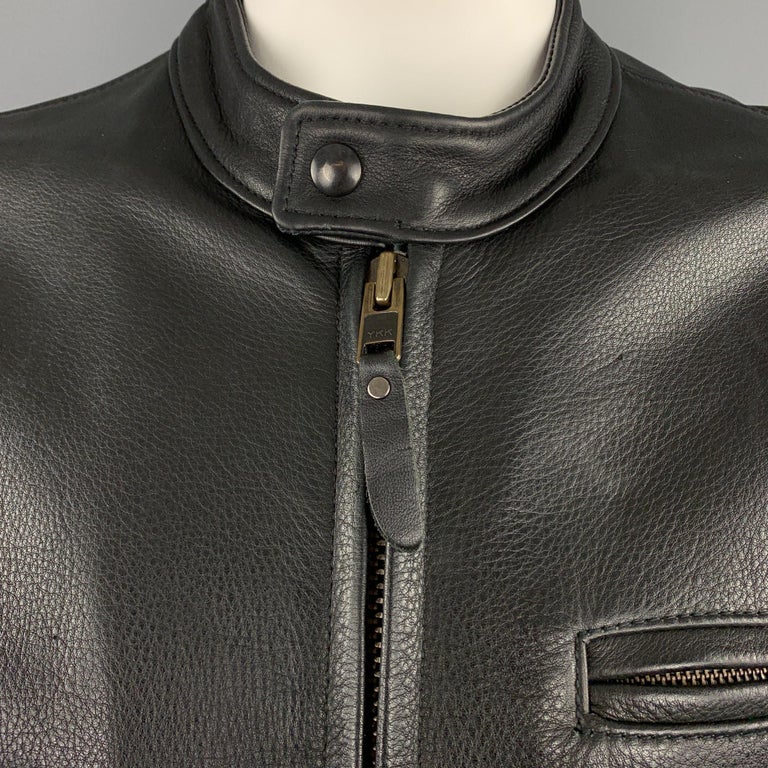 LEATHER MAN Size 46 Black Leather Tab Collar Zip Biker Jacket For Sale ...