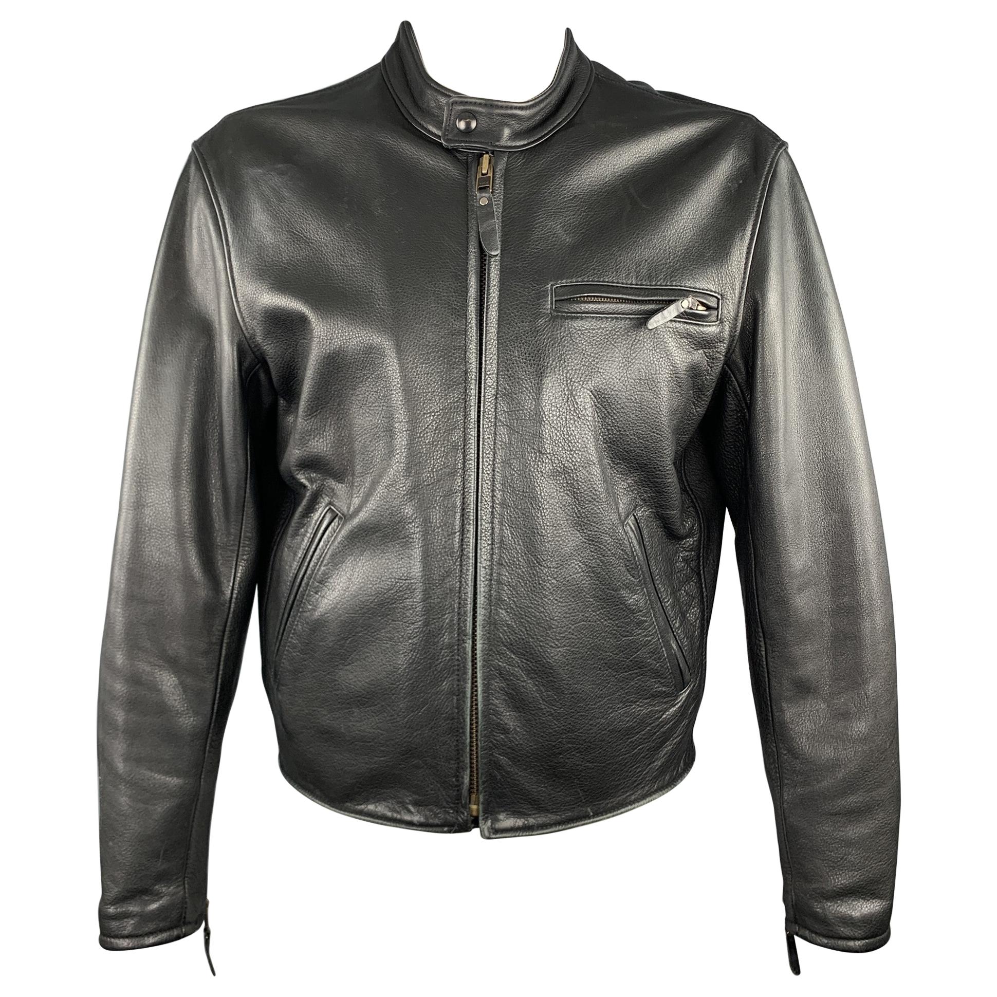 LEATHER MAN Size 46 Black Leather Tab Collar Zip Biker Jacket