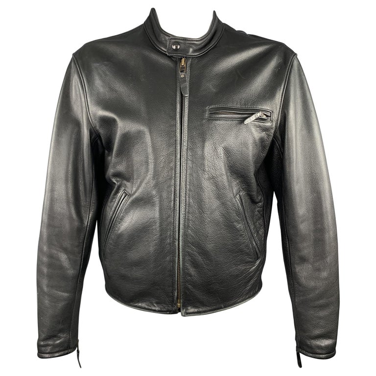 LEATHER MAN Size 46 Black Leather Tab Collar Zip Biker Jacket For Sale ...