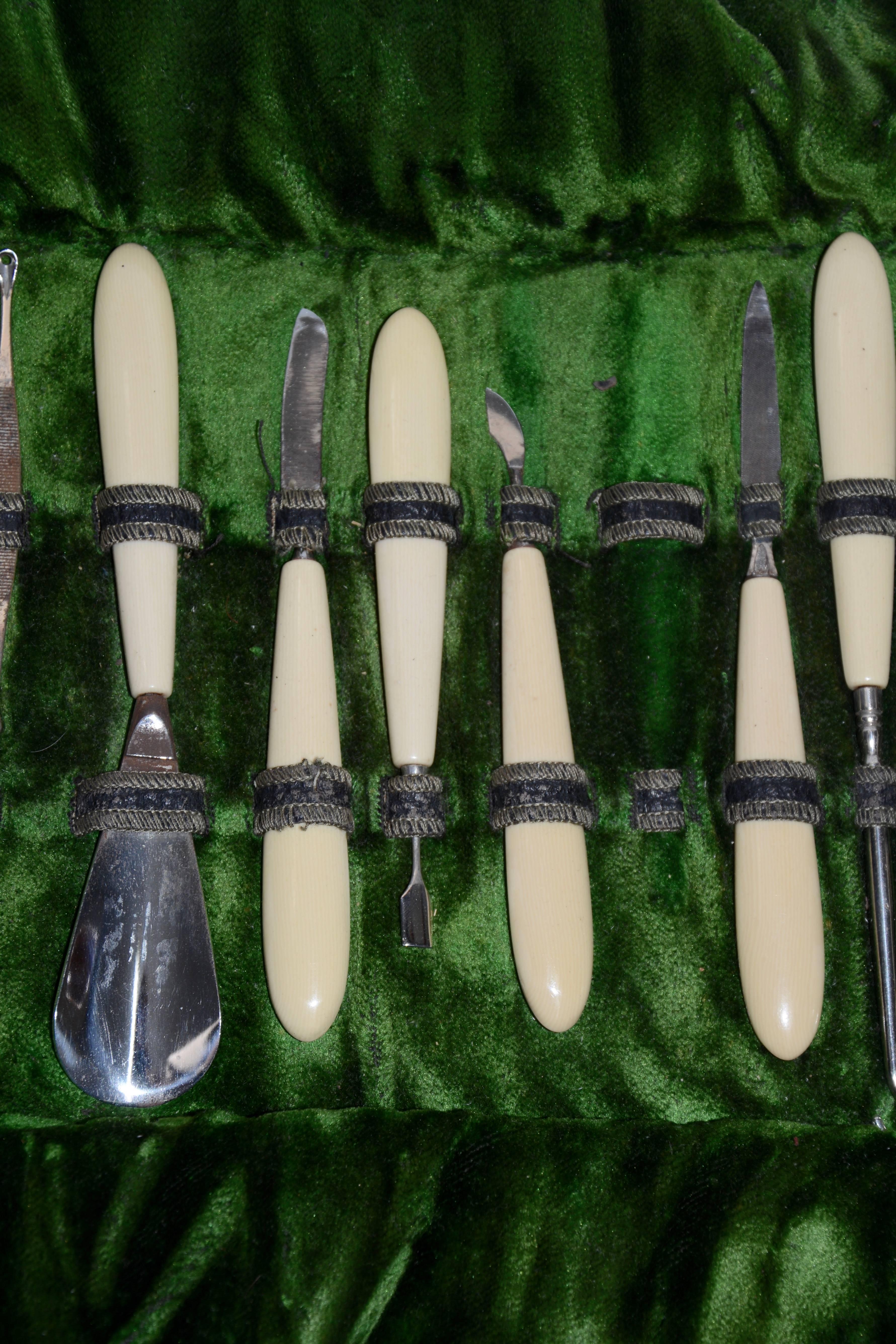 Mid-Century Modern Leather Manicure Set with Vegetarian Ivory Handles For Sale