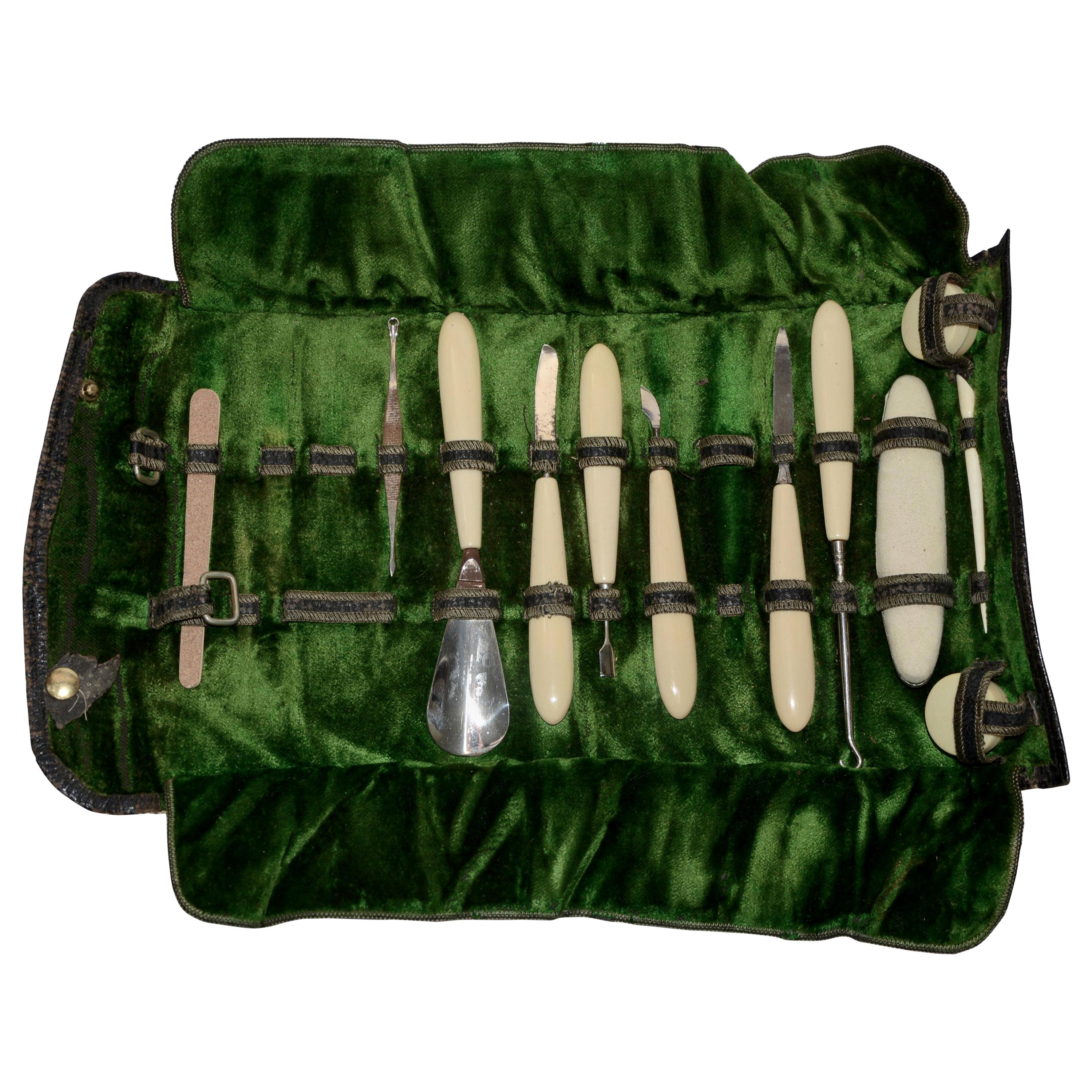 Leather Manicure Set with Vegetarian Ivory Handles For Sale