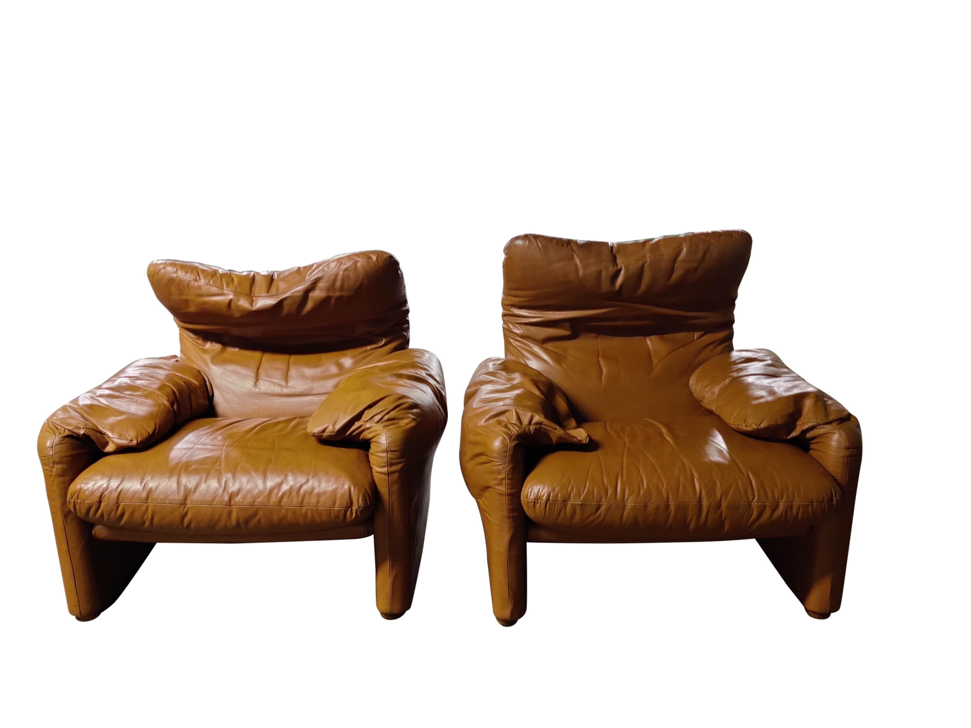 Mid-Century Modern Leather Maralunga Armchairs by Vico Magistretti for Cassina, 1973, Set of 2
