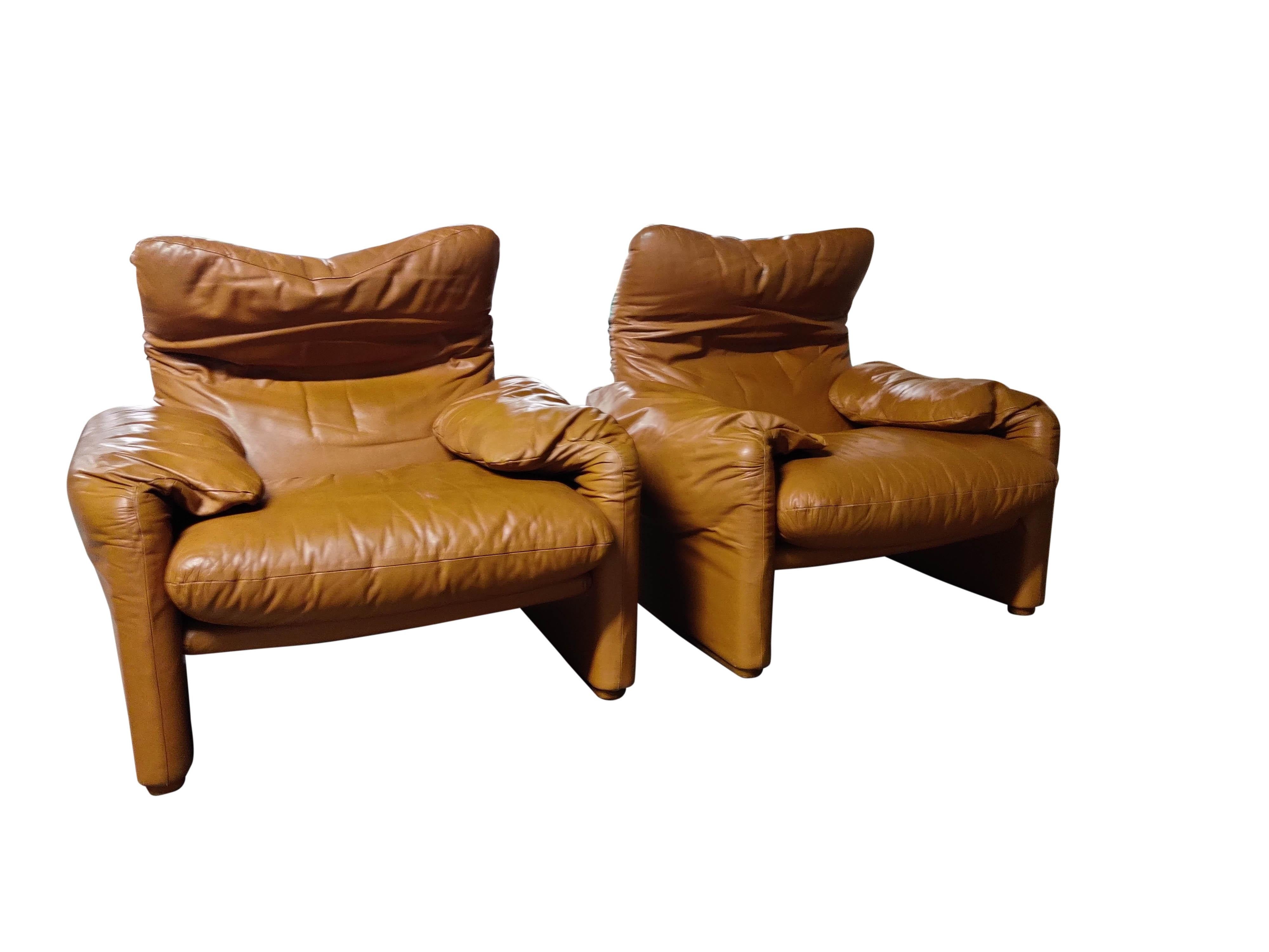 Leather Maralunga Armchairs by Vico Magistretti for Cassina, 1973, Set of 2 In Good Condition In HEVERLEE, BE