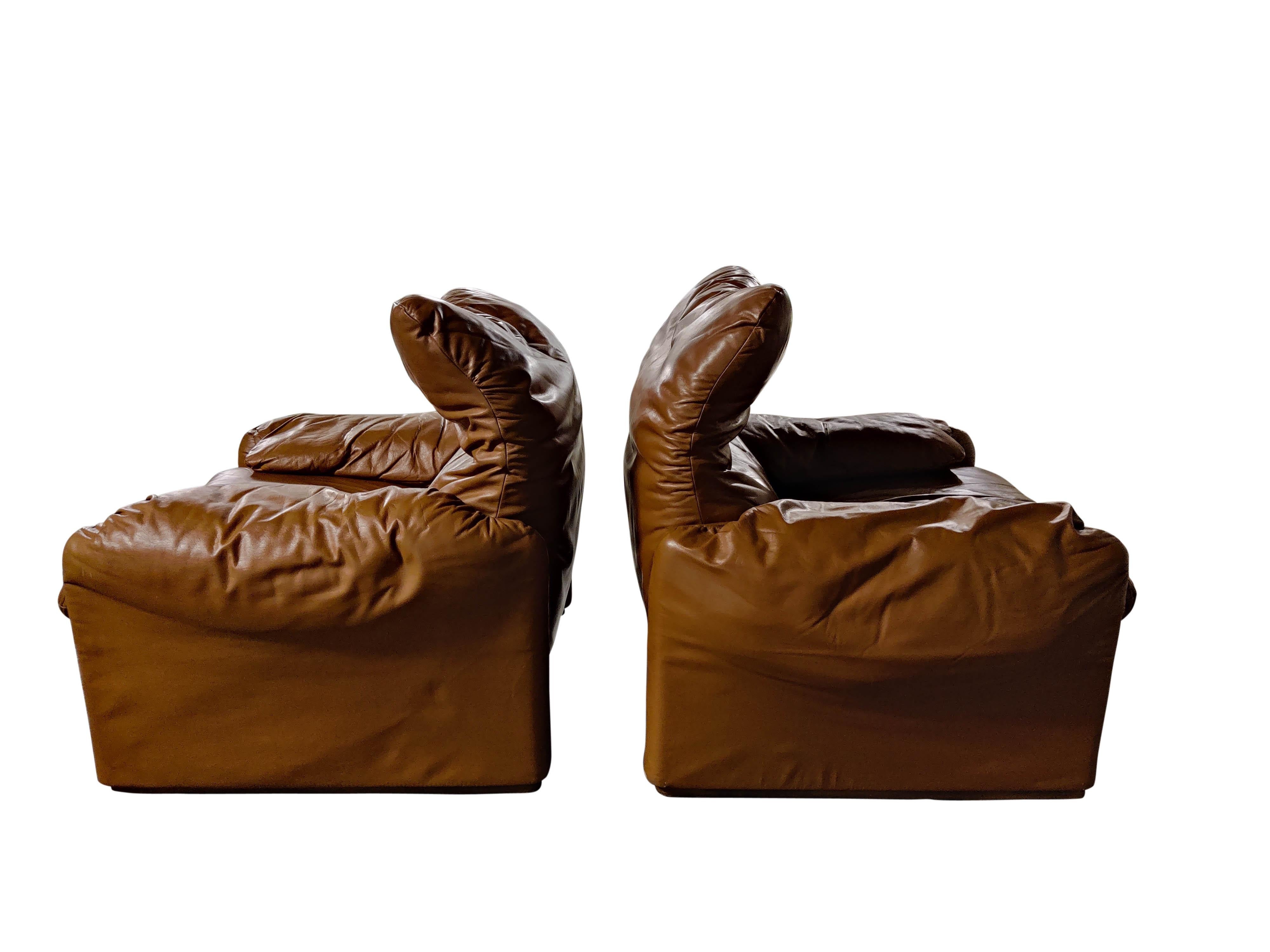 Leather Maralunga Armchairs by Vico Magistretti for Cassina, 1973, Set of 2 1