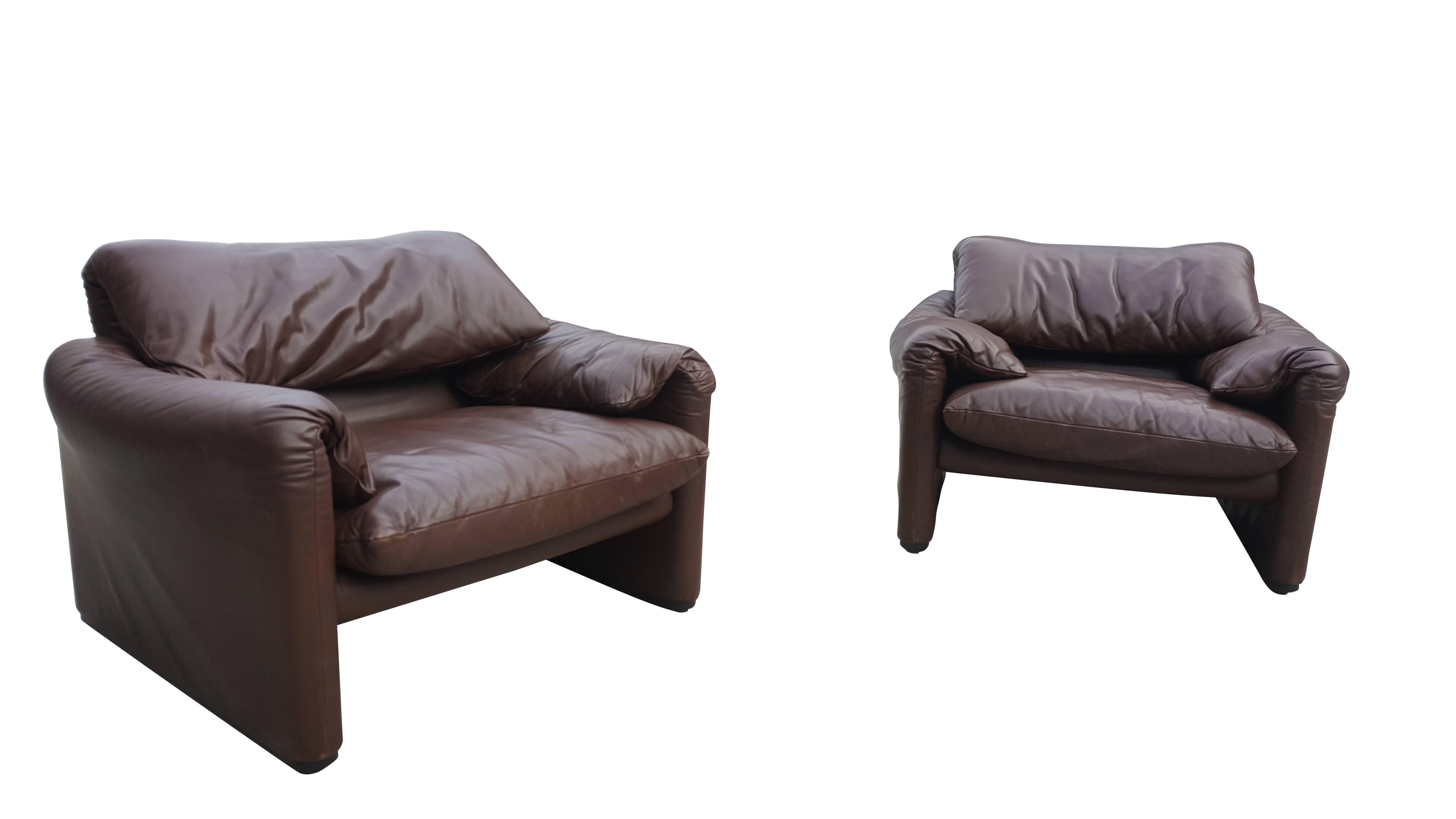 Italian Leather Maralunga Sofa Set by Vico Magistretti for Cassina, 1973