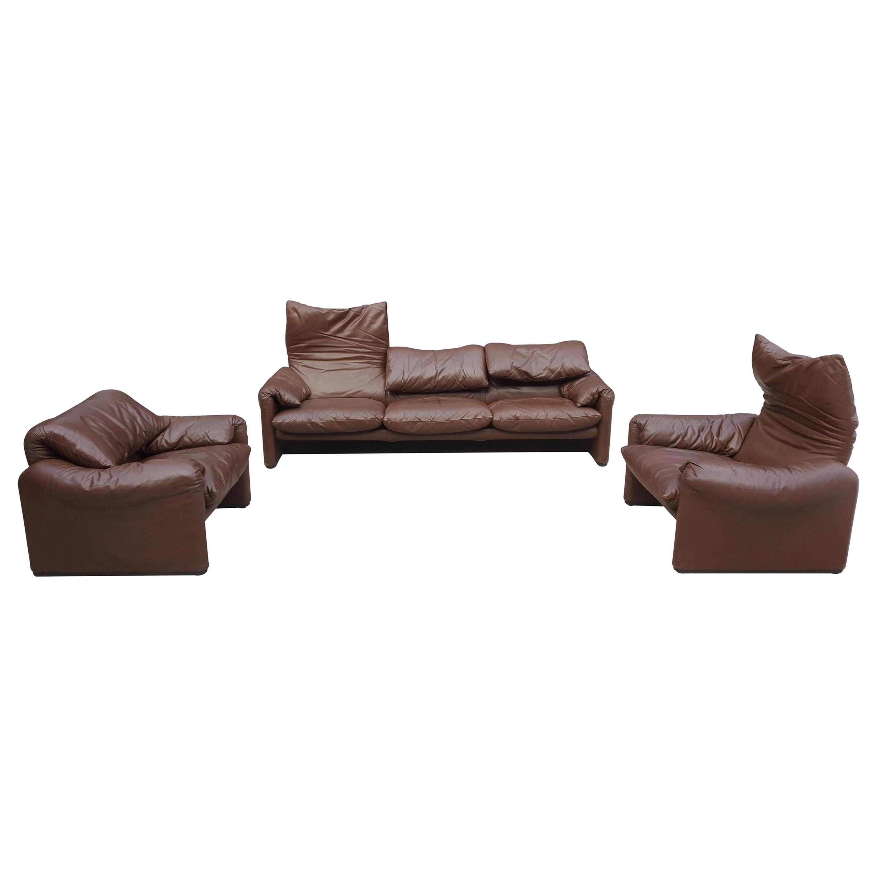 Leather Maralunga Sofa Set by Vico Magistretti for Cassina, 1973