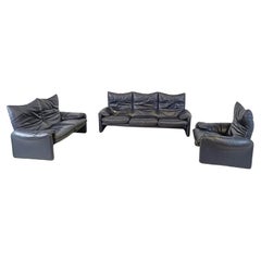 Leather Maralunga sofa set by Vico Magistretti for Cassina, 1973