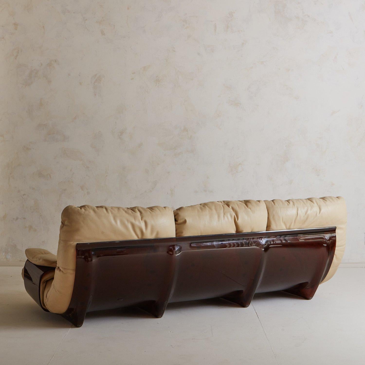 Mid-Century Modern Leather Marsala Three-Seat Sofa by Michel Ducaroy for Lignet Roset, France 1970s For Sale