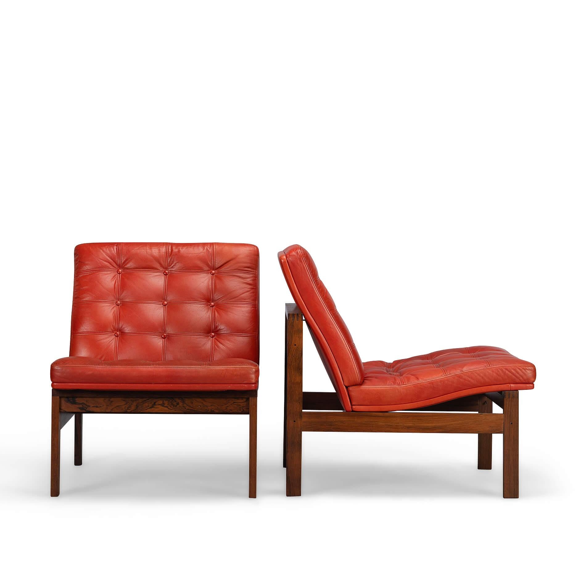 Danish Leather 'Moduline' Red Easy Chair Set with Table by Ole Gjerlov-Knudsen, 1962 For Sale
