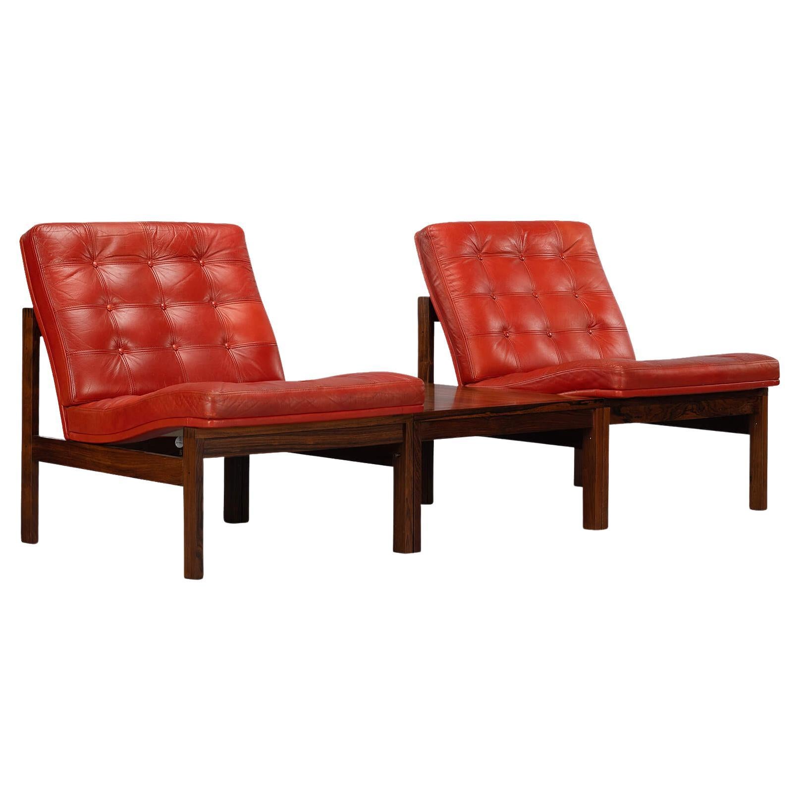 Leather 'Moduline' Red Easy Chair Set with Table by Ole Gjerlov-Knudsen, 1962