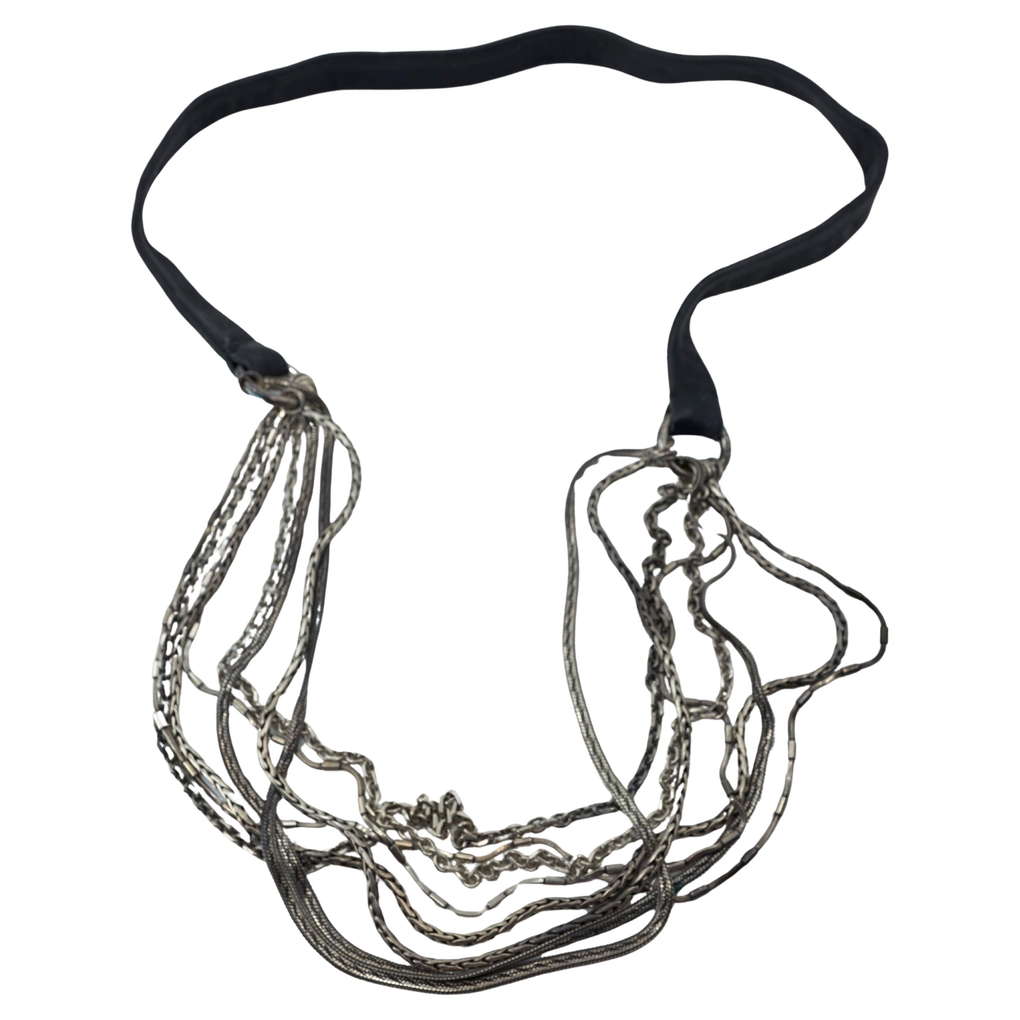 Multi Chain Necklace Leather Sculptural Brutalist Silver Vintage J Dauphin For Sale