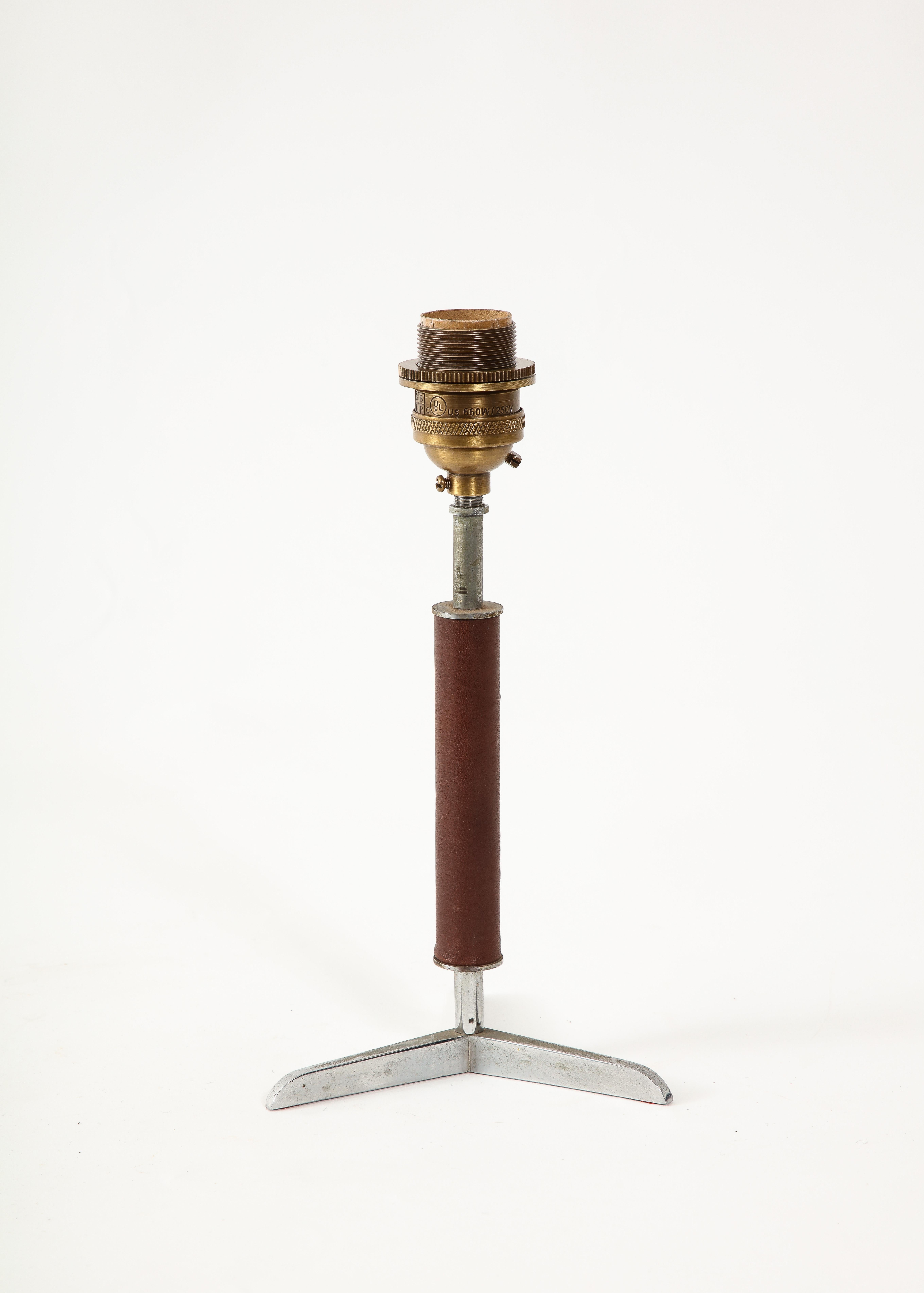 20th Century Brown Leather & Nickel Table Lamp, France 1960's For Sale