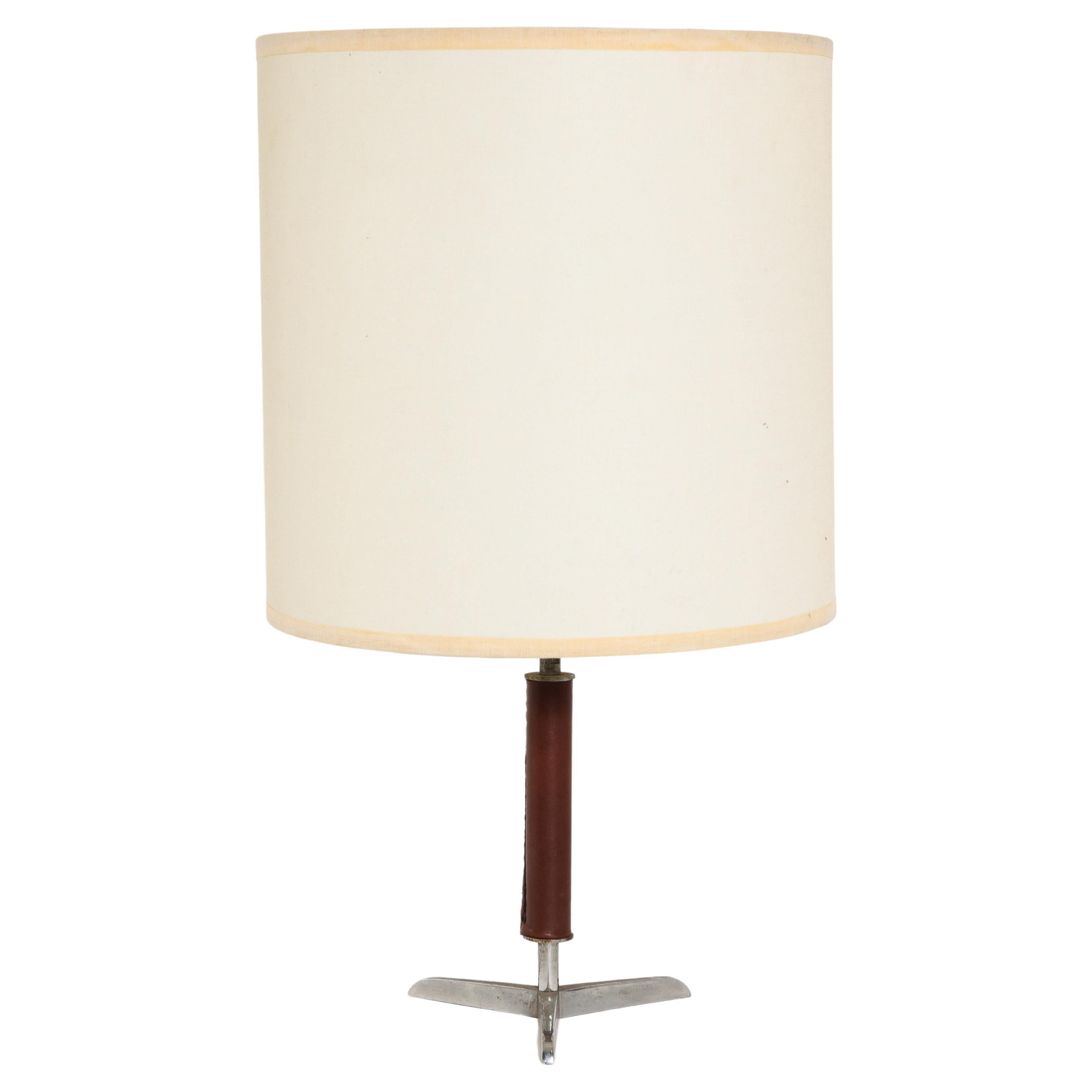 Brown Leather & Nickel Table Lamp, France 1960's