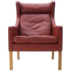 Leather & Oak Wingback Chair Mod. 2204 by Børge Mogensen for Fredericia, 1980s