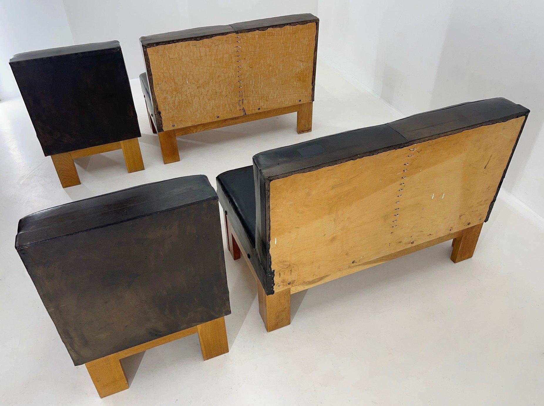 Leather & Oak Wood Modular Sofa and Chairs, 1970's 4
