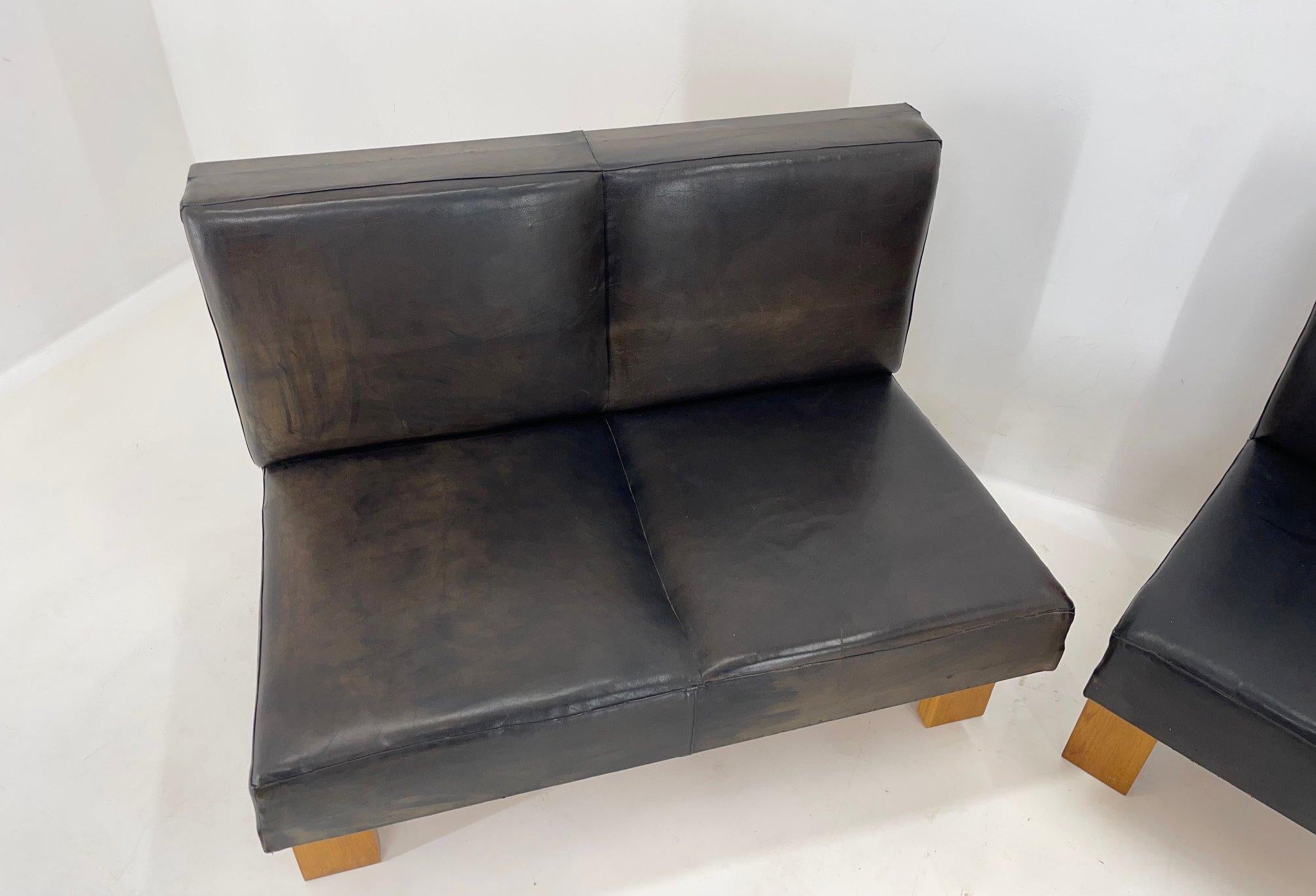 Leather & Oak Wood Modular Sofa and Chairs, 1970's 8