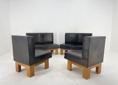 Leather & Oak Wood Modular Sofa and Chairs, 1970's