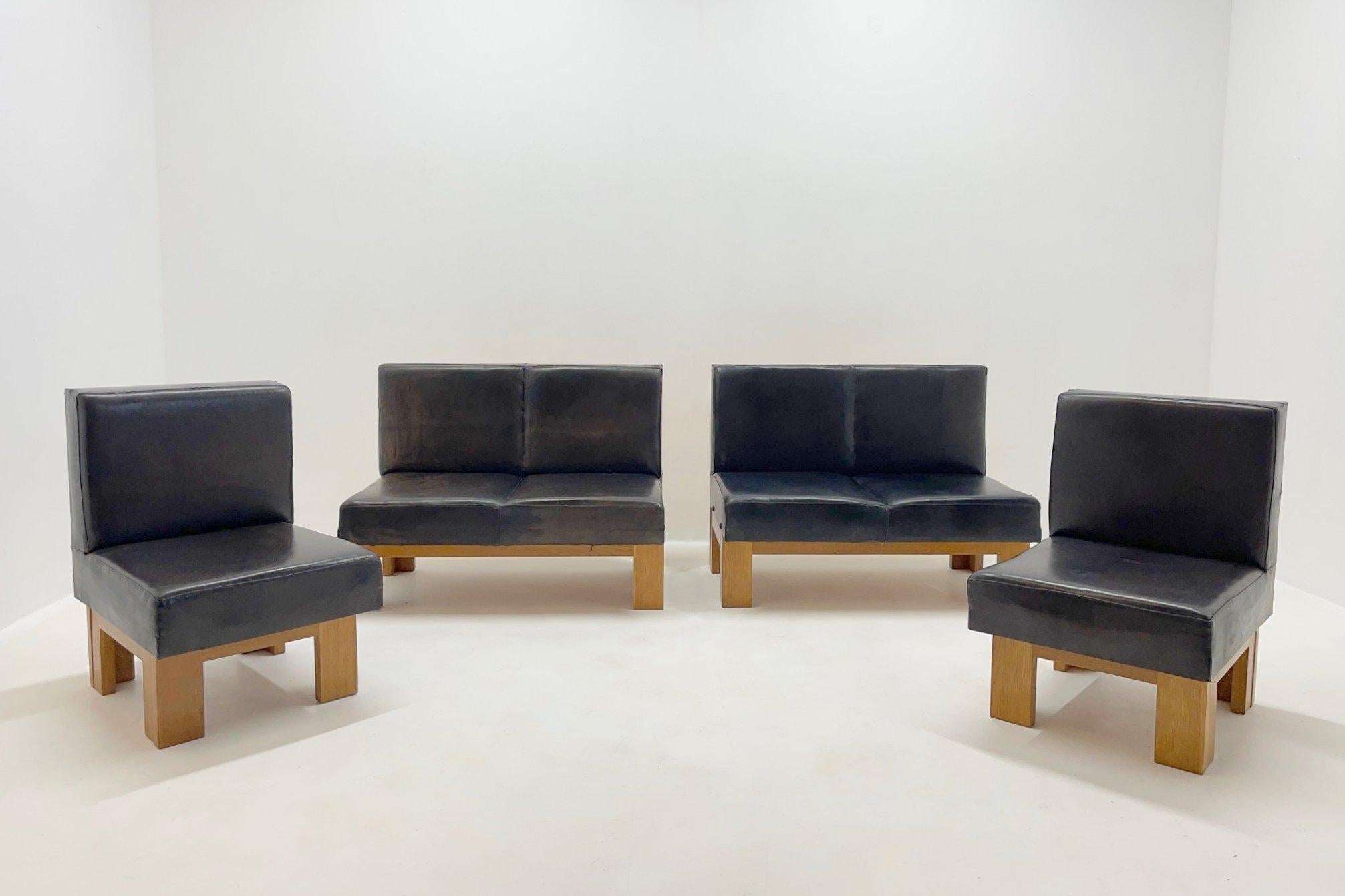 Mid-Century Modern Leather & Oak Wood Modular Sofa and Chairs, 1970's