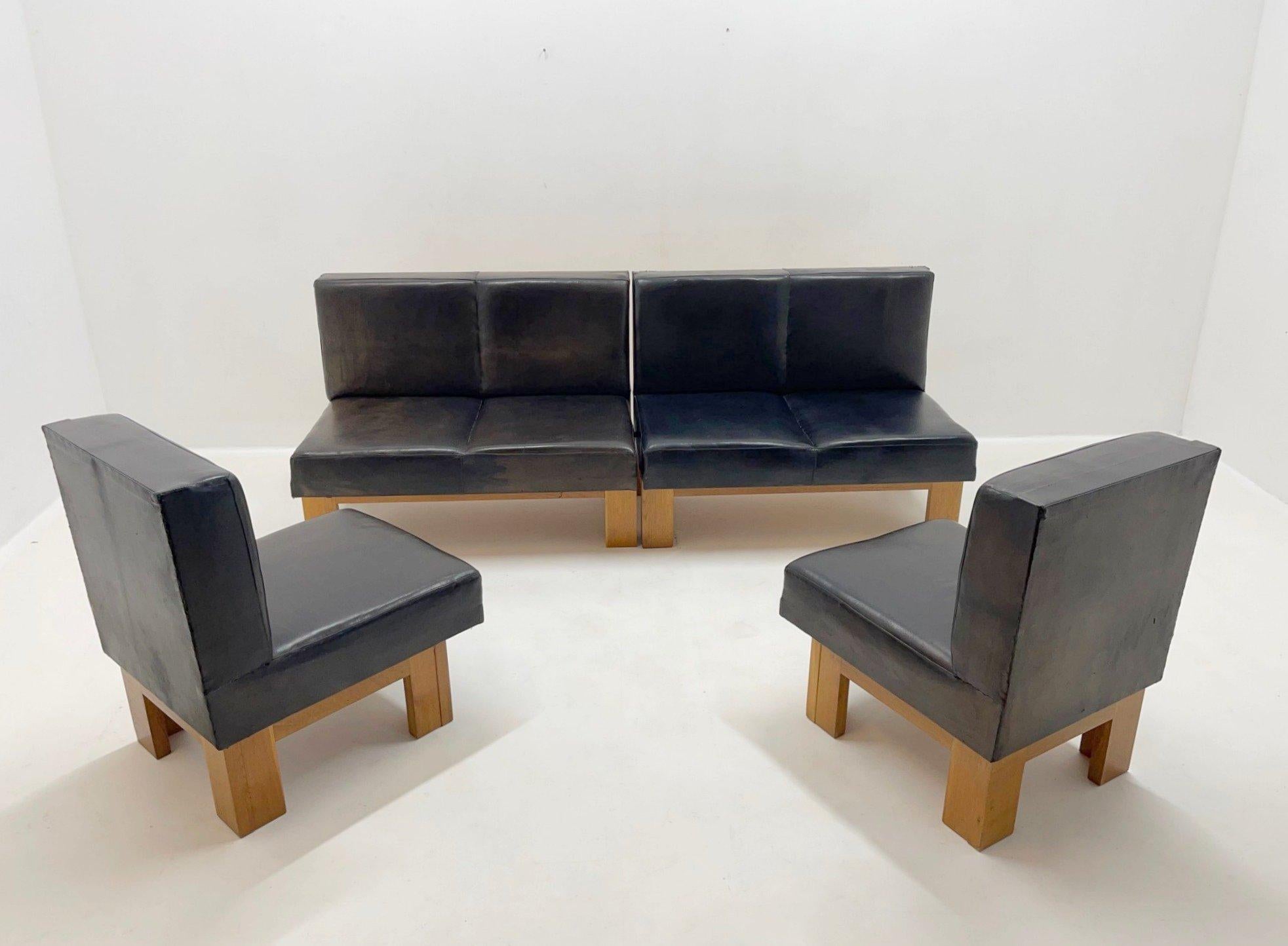 Czech Leather & Oak Wood Modular Sofa and Chairs, 1970's