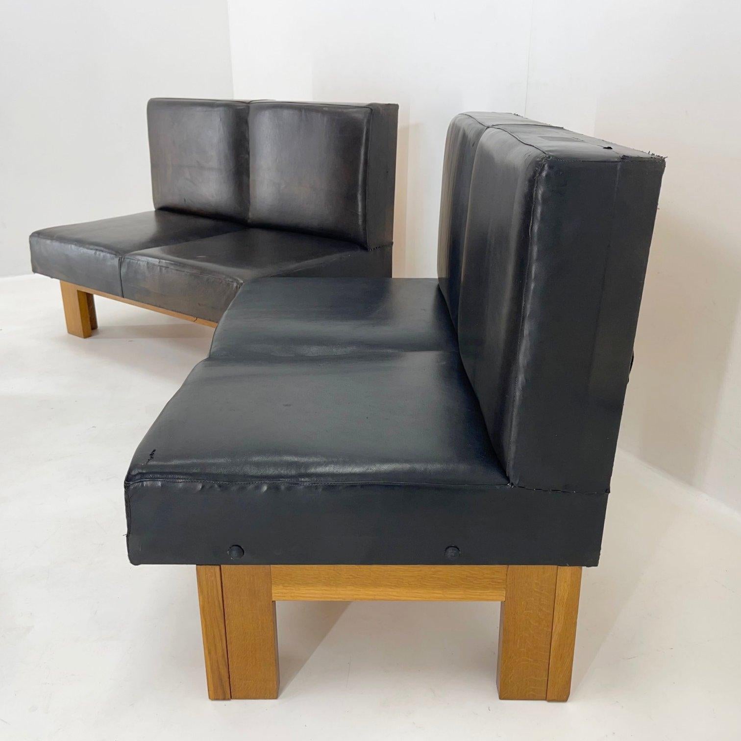 Leather & Oak Wood Modular Sofa and Chairs, 1970's In Good Condition In Praha, CZ