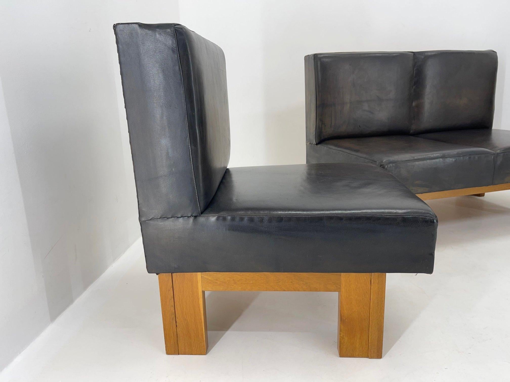 20th Century Leather & Oak Wood Modular Sofa and Chairs, 1970's