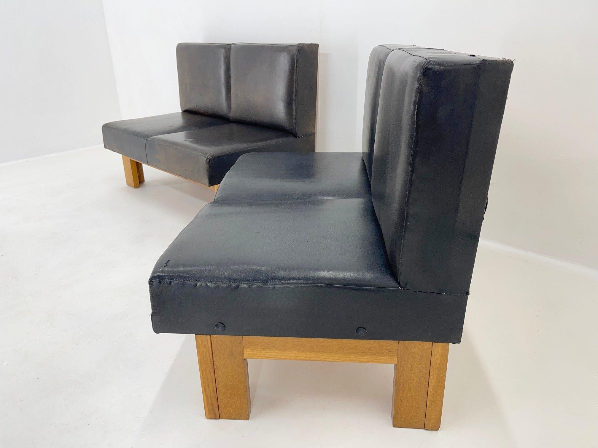 Leather & Oak Wood Modular Sofa and Chairs, 1970's 1