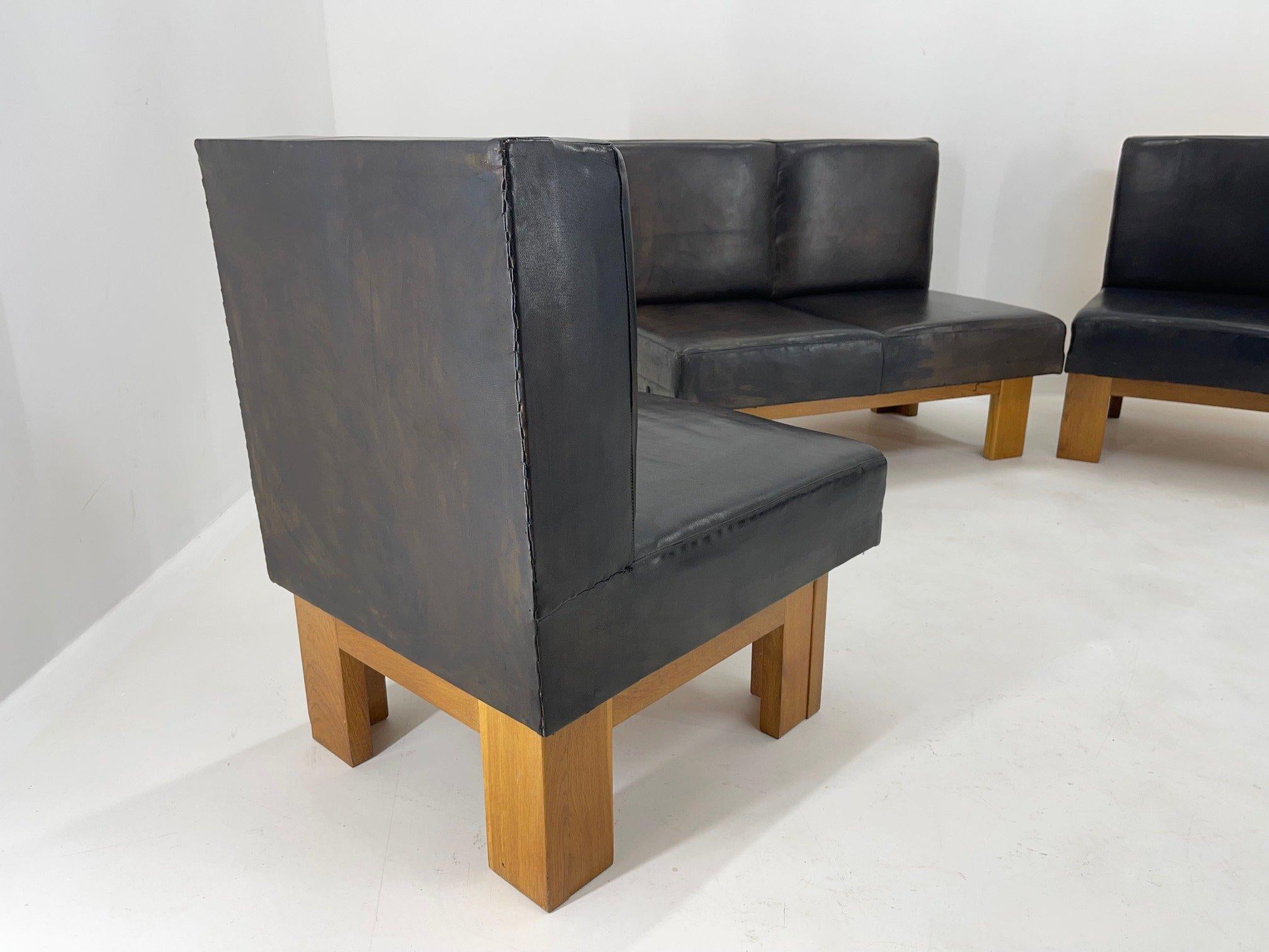 Leather & Oak Wood Modular Sofa and Chairs, 1970's 2