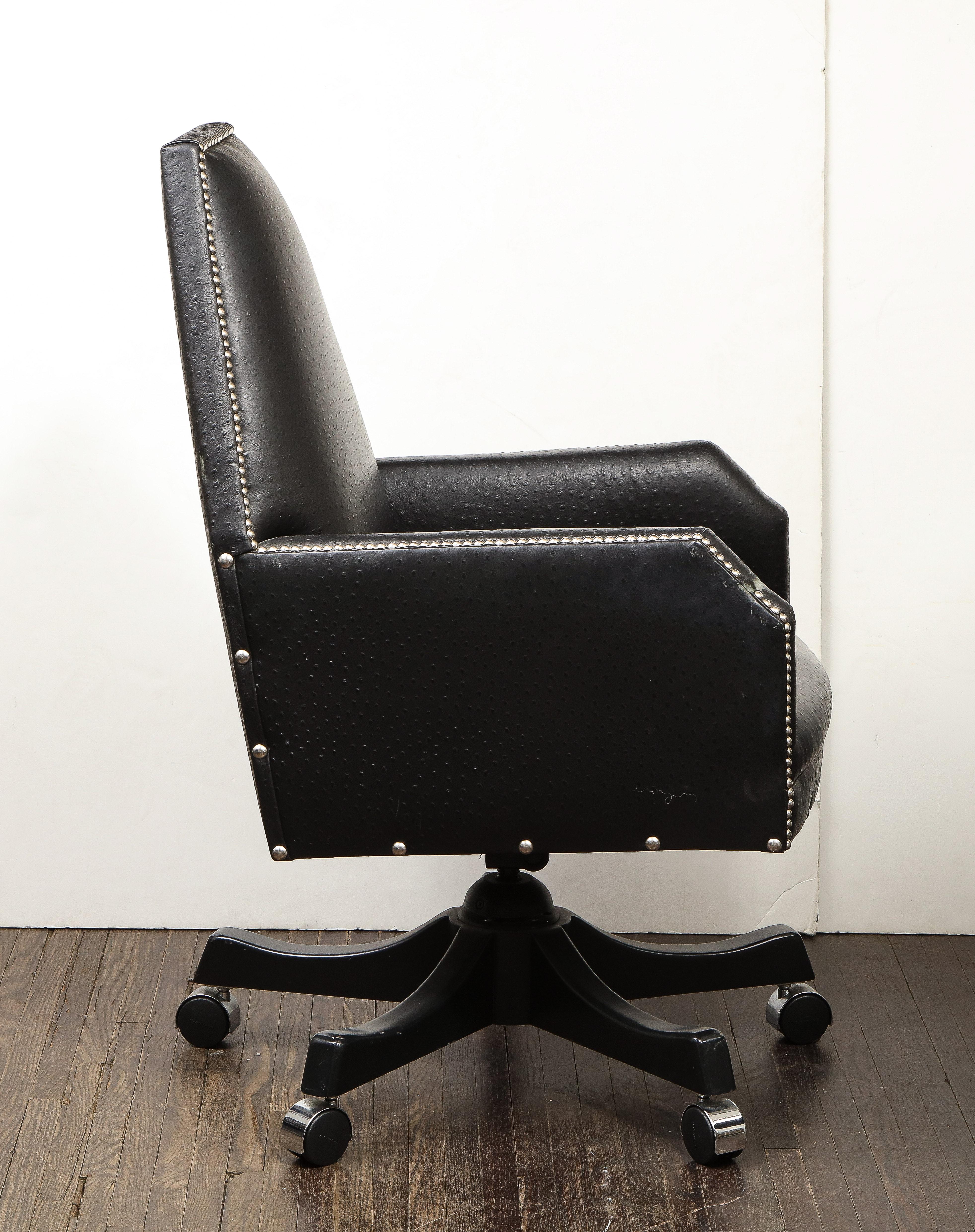 Black Leather Desk Armchair with Swivel Base In Good Condition For Sale In New York, NY