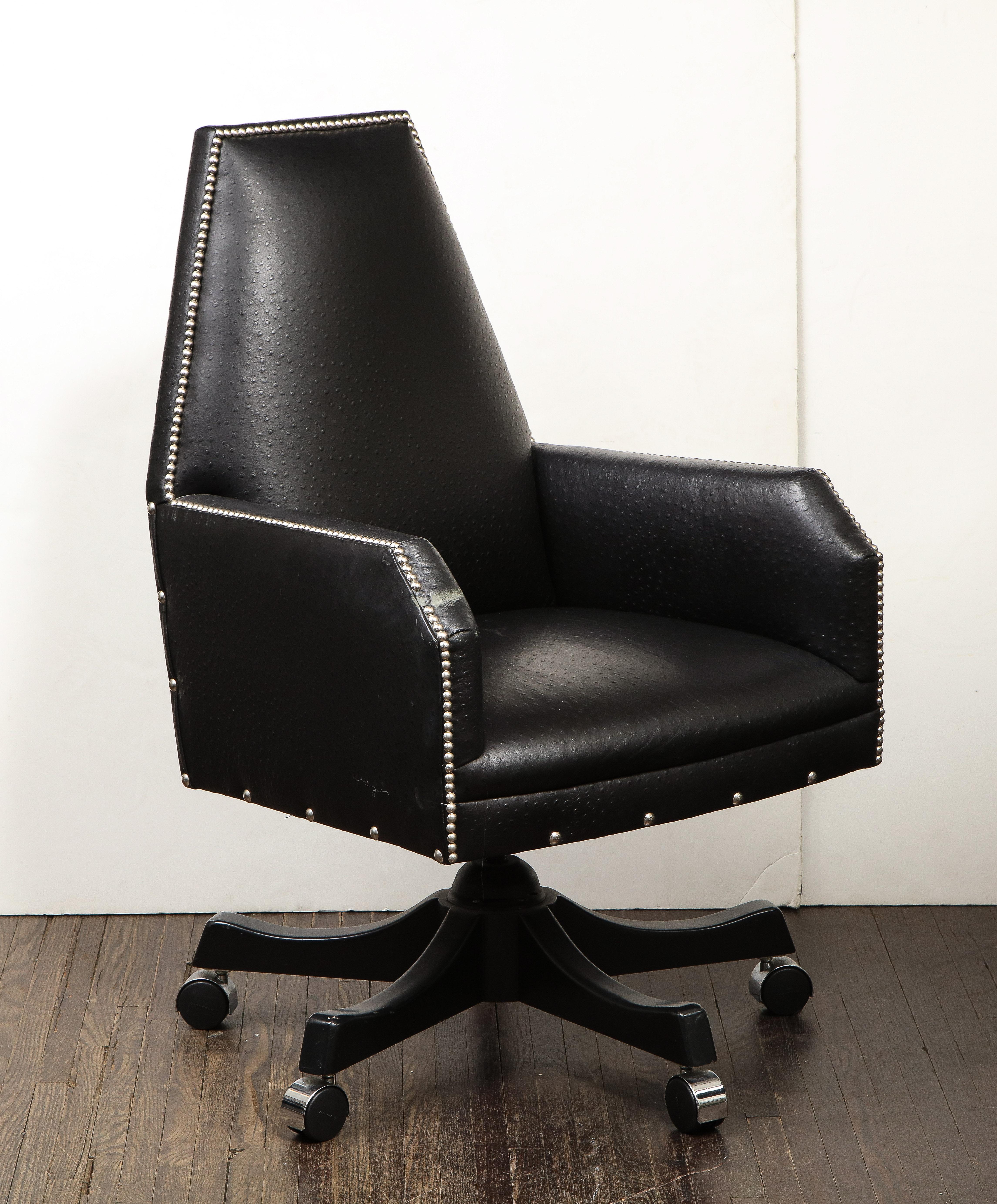 Contemporary Black Leather Desk Armchair with Swivel Base For Sale