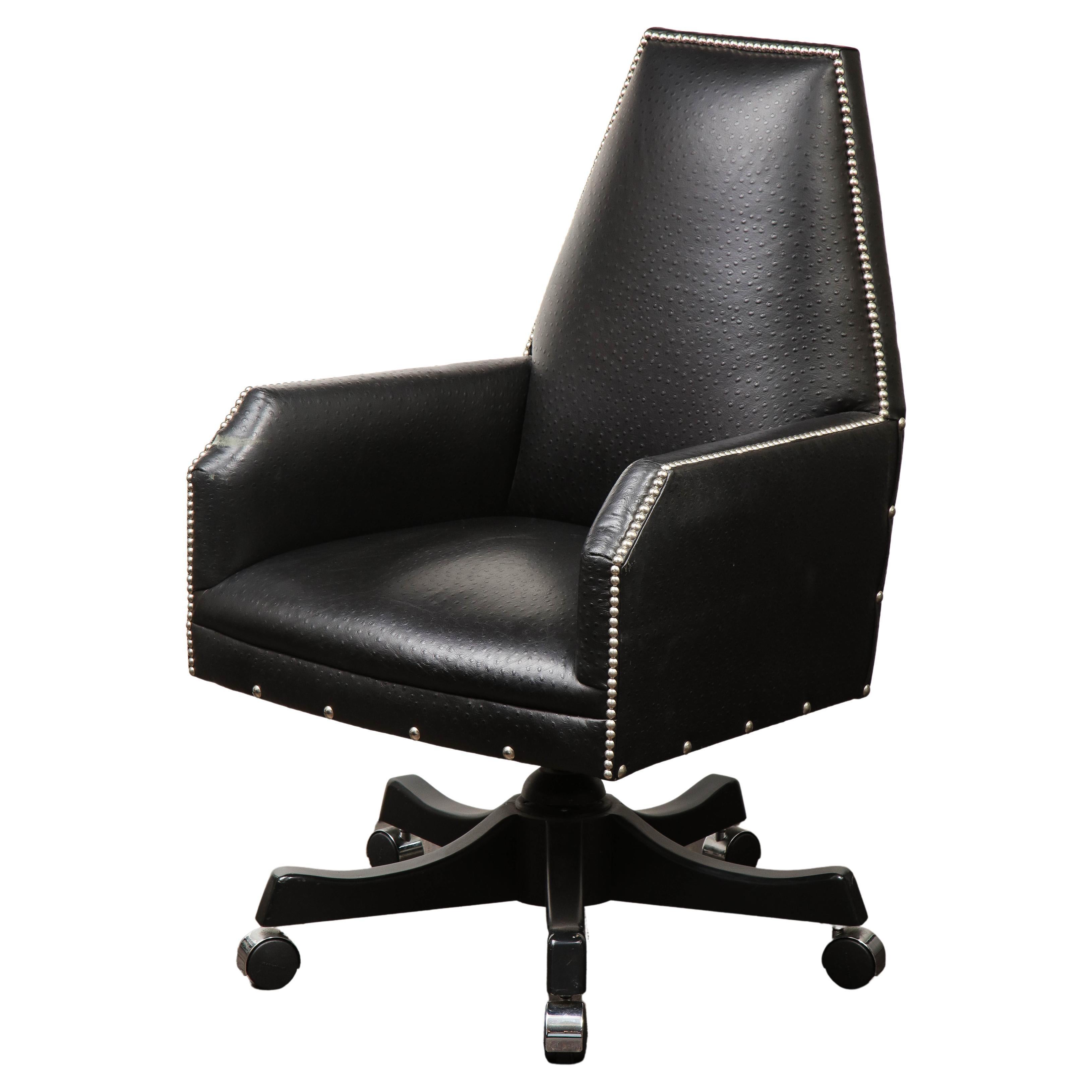 Black Leather Desk Armchair with Swivel Base For Sale