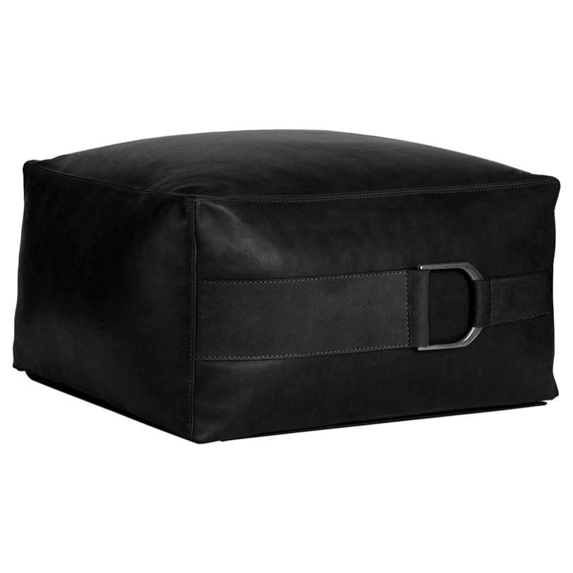 Leather Ottoman in Solid Black, Large, Talabartero Collection For Sale