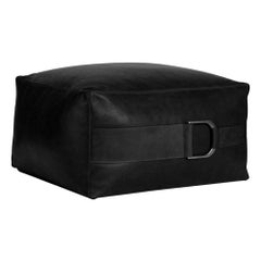Pouf in pelle in tinta unita nera, collezione Talabartero, dimensioni personalizzate