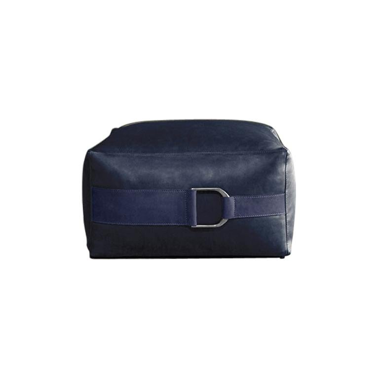 Leather Ottoman in Solid Cobalt, Large, Talabartero Collection For Sale
