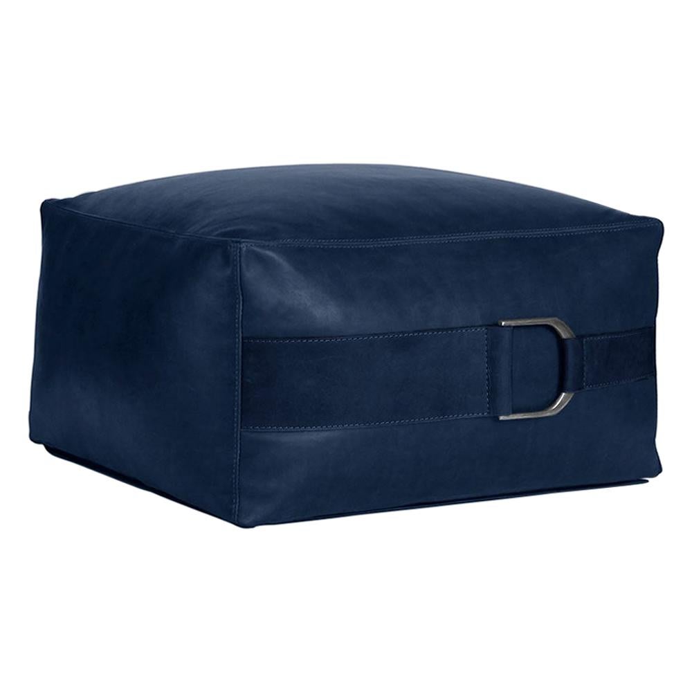 Leather Ottoman in Solid Cobalt, Small, Talabartero Collection