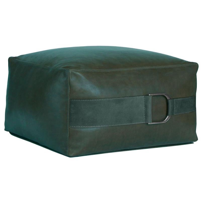 Leather Ottoman in Solid Emerald Green, Large, Talabartero Collection For Sale