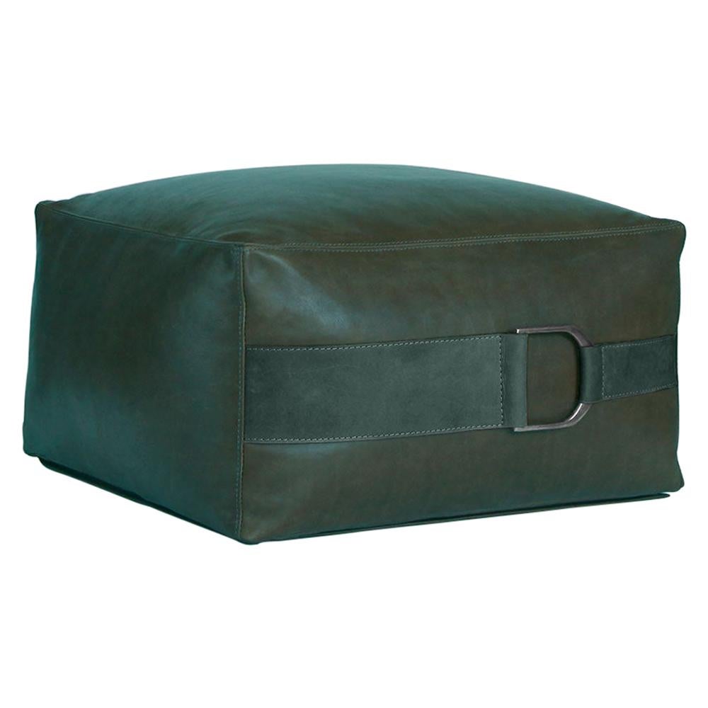 Leather Ottoman in Solid Emerald Green, Small, Talabartero Collection