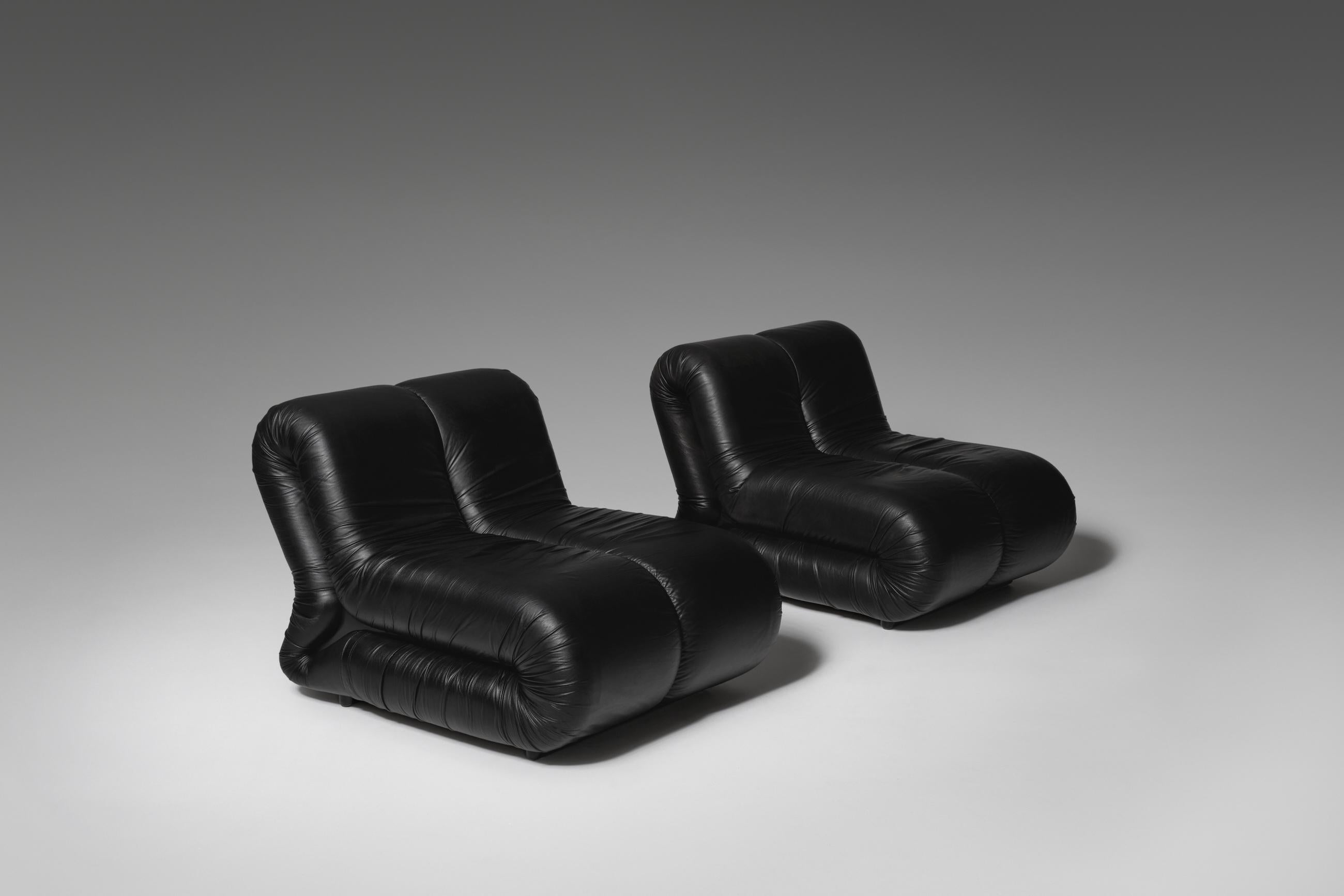 Mid-Century Modern Leather ‘Pagrù’ Lounge Chairs by Claudio Vagnoni for 1P, Italy, 1968