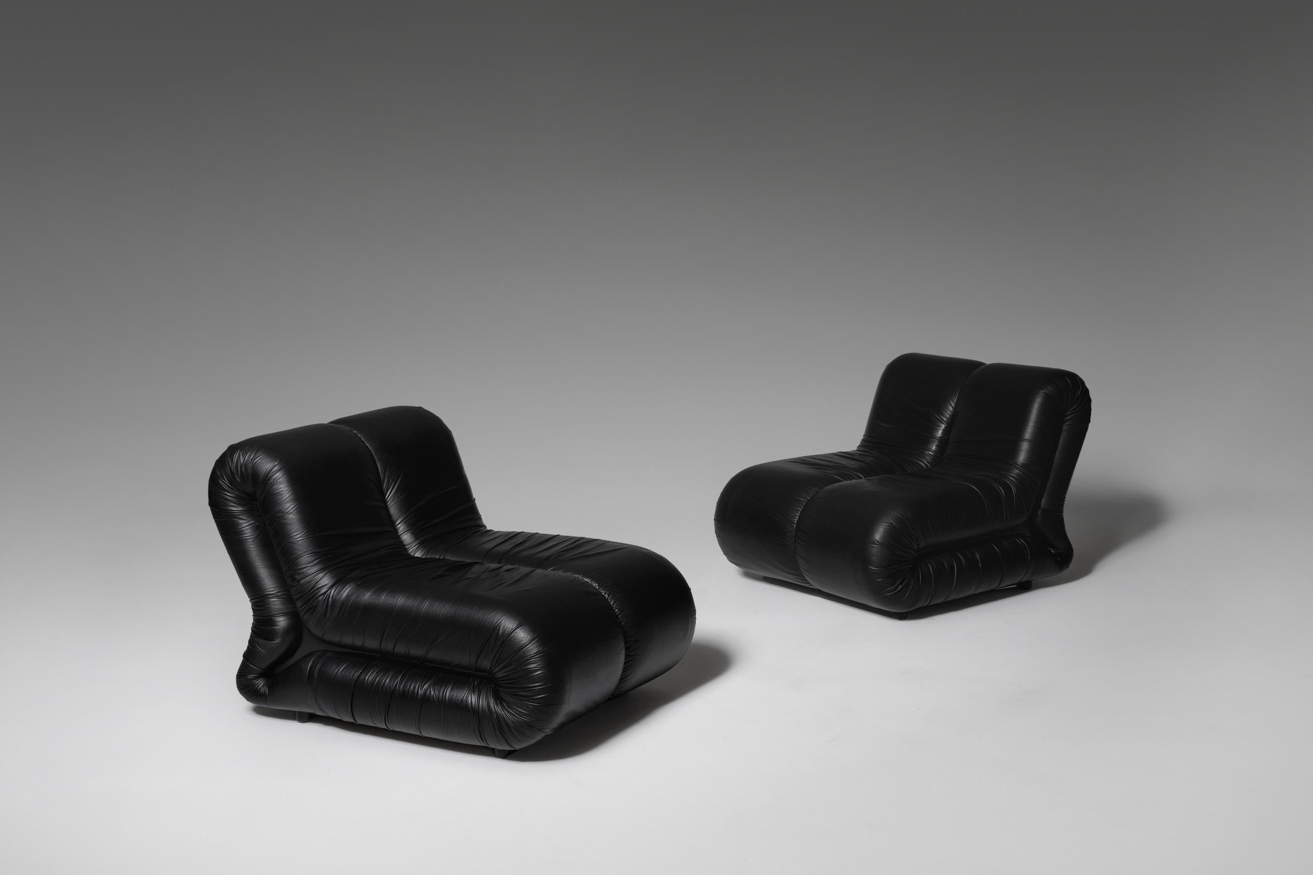 European Leather ‘Pagrù’ Lounge Chairs by Claudio Vagnoni for 1P, Italy, 1968