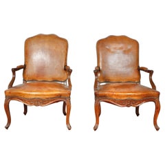 Retro Leather Pair of Bergere Chairs