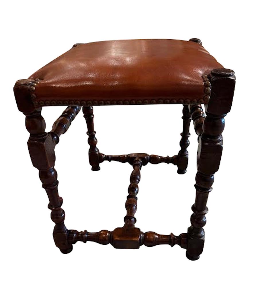 Paire de tabourets en cuir italiens du 19e siècle.
Pieds et brancard en noyer tourné.
Clous décoratifs en laiton.
