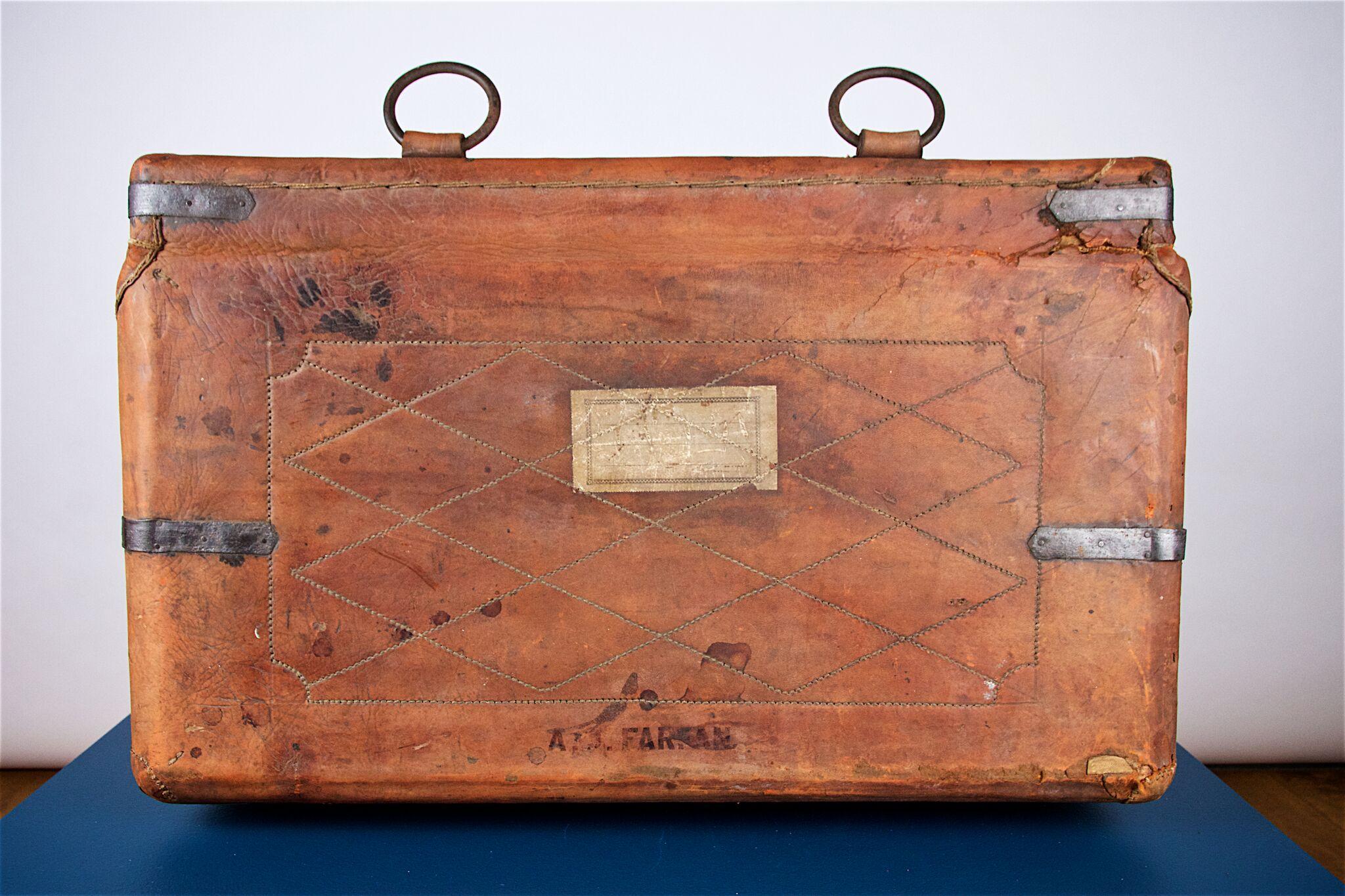 Leather Panier Trunk with Fabric Interior and Iron Lock Keep, circa 1890 In Fair Condition In Stratford upon Avon, GB