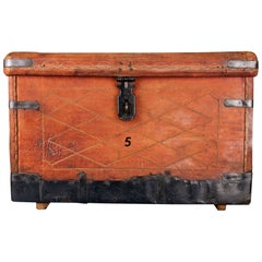 Antique Leather Panier Trunk with Fabric Interior and Iron Lock Keep, circa 1890