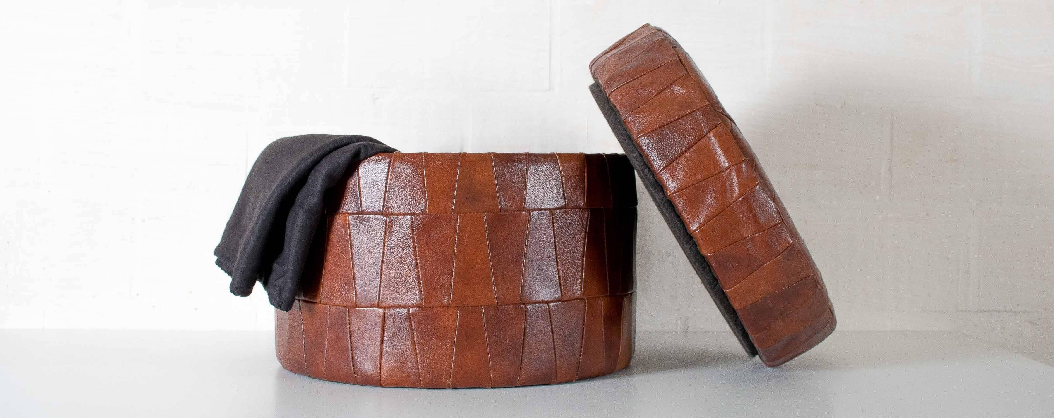 Mid-Century Modern Leather Patchwork Pouf For Sale